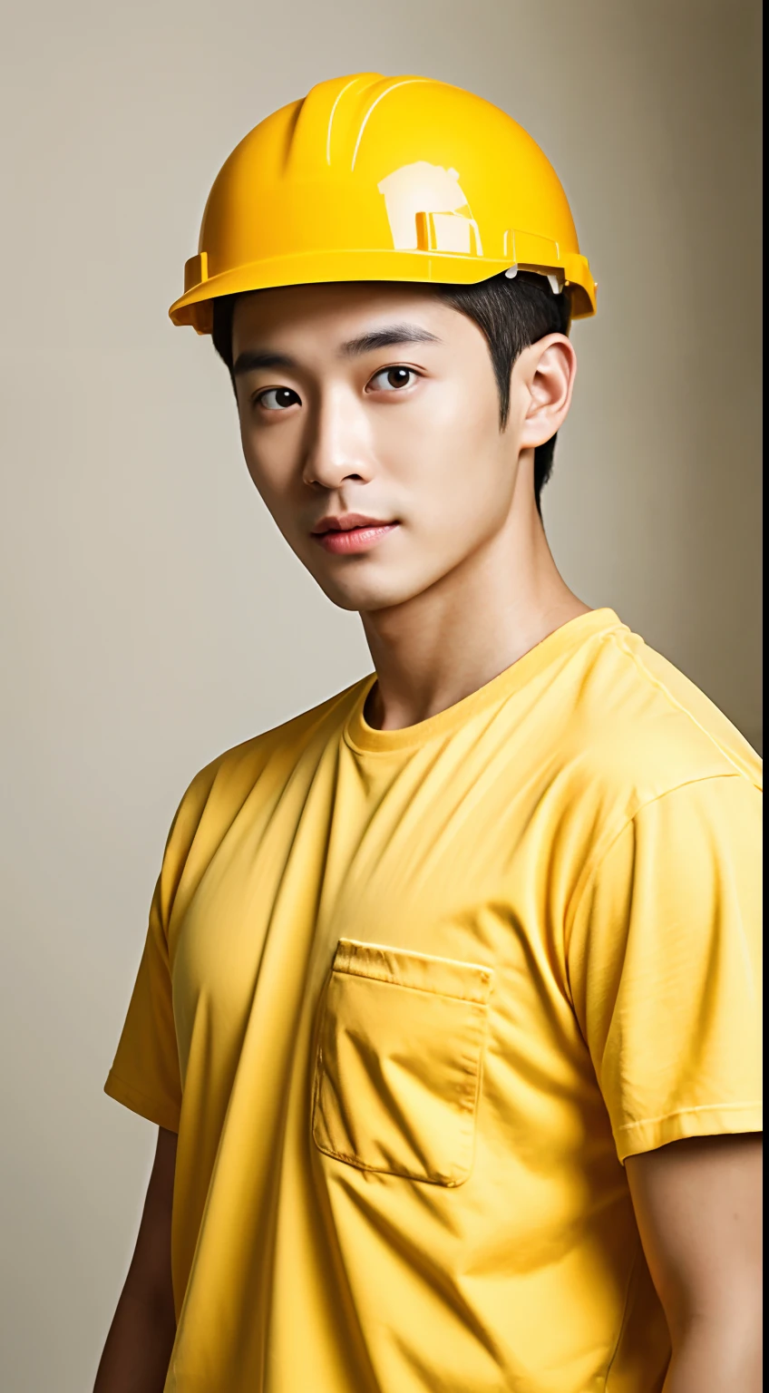 30-year-old Asian male renovator, A resolute face, Bronzed skin, The eyes are bright and luminous, Wear a yellow hard hat, Wear white half-sleeves，Photorealistic feeling, Masterpiece, hyper HD, Textured skin,, Super detail, Best quality, High quality, A high resolution, 4K