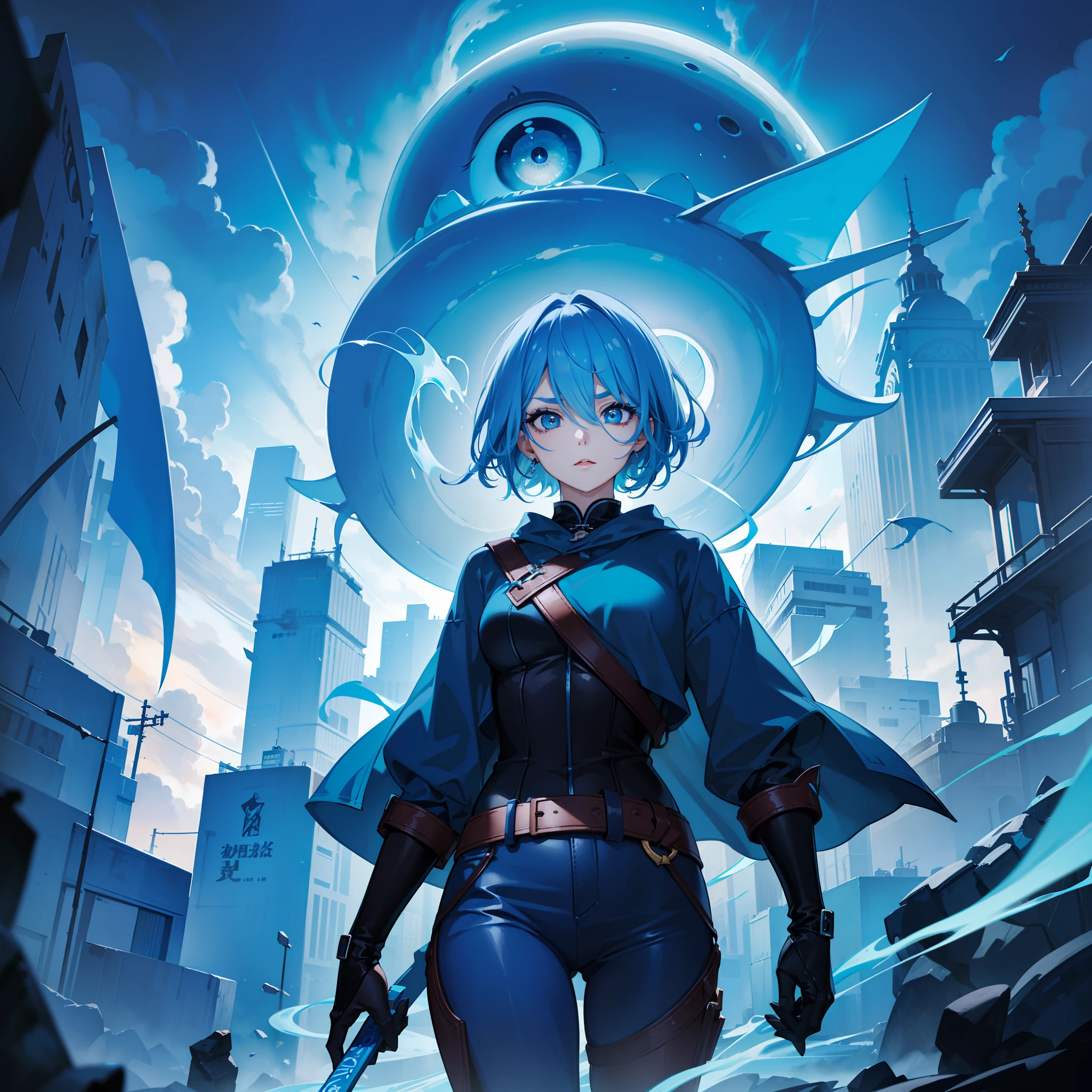 Woman with short light blue hair、sharp eyebrows、big eye、Dark eyelashes、Blue-based makeup、(Supreme details)、(Highest image quality 8K)