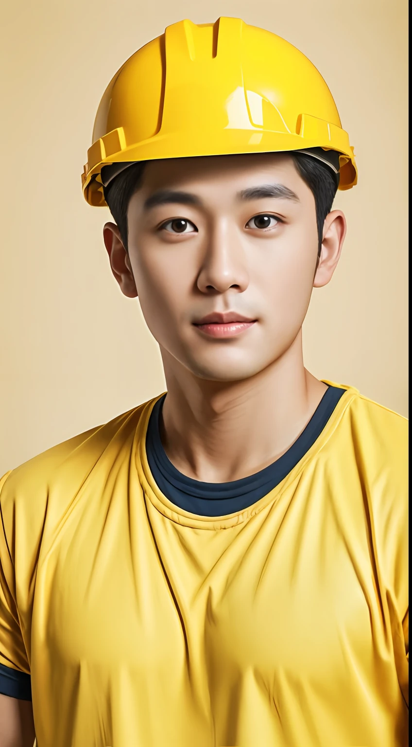 30-year-old Asian male renovator, A resolute face, Bronzed skin, The eyes are bright and luminous, Wear a yellow hard hat, Wear white half-sleeves,Photorealistic feeling, Masterpiece, hyper HD, Textured skin,, Super detail, Best quality, High quality, A high resolution, 4K