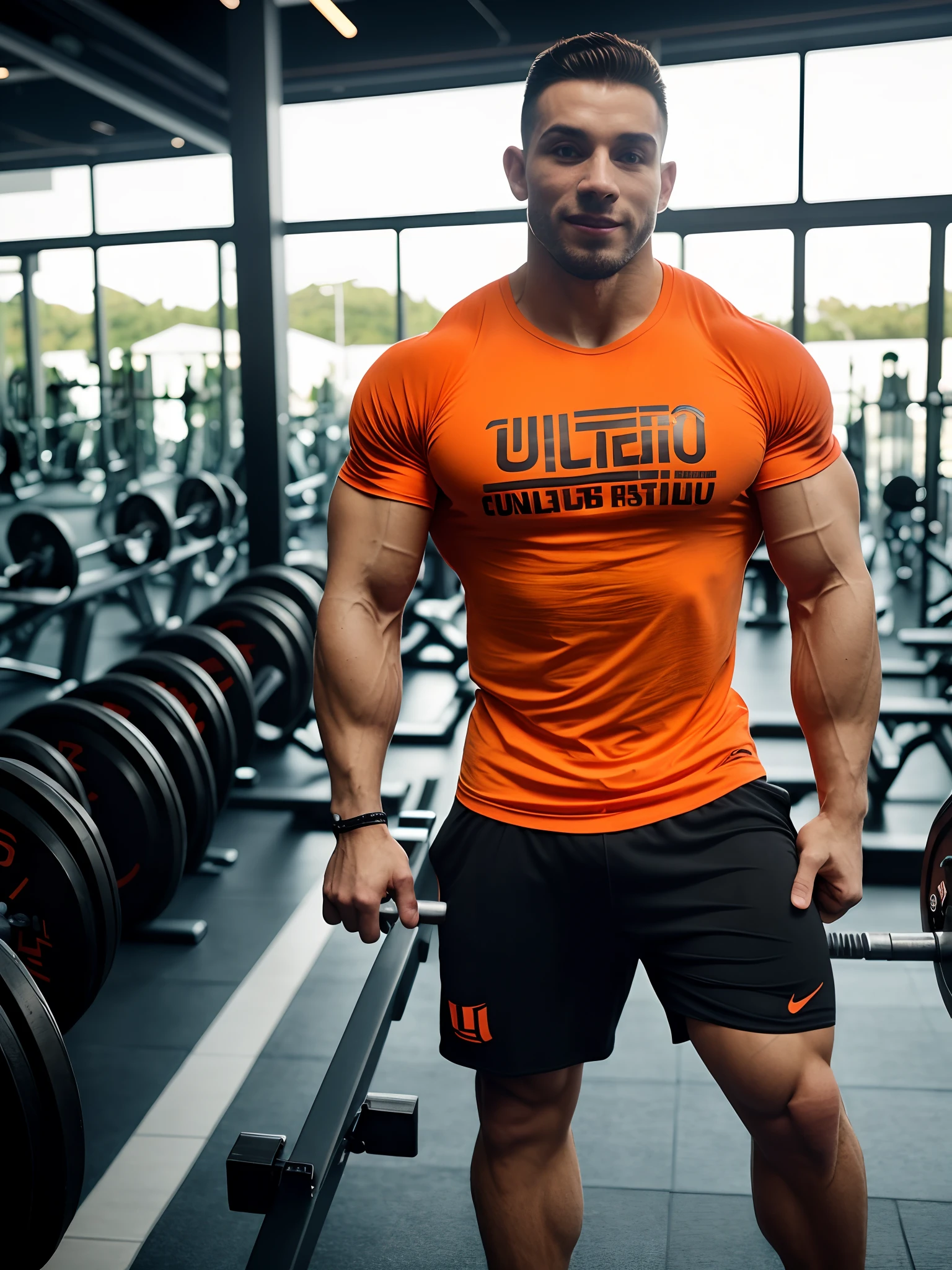 um bonito, Athletic guy is in a bodybuilding gym. He's wearing an orange T-shirt. Pouca luz ao fundo. sharp photo. 8k. Pele bem evidente. Foto realista. Anilhas