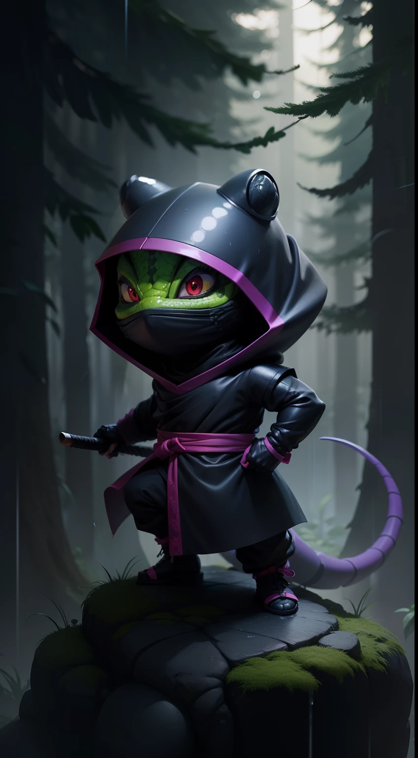 Create a vibrant dark fantasy cute ninja chameleon in a clean-lined minimalistic cartoon style, in the background a beautiful forest, rain, octane render, 8k