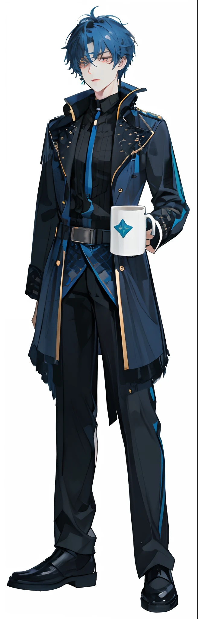Handsome， soothing tones,pastel colour, High contrast, (Natural skin texture, hyper photorealism, Soft light, Sharp),blue uniforms,Blue hair,Messy hair,Holding a mug，tired eyes，self-assured，Male,Golden pupils