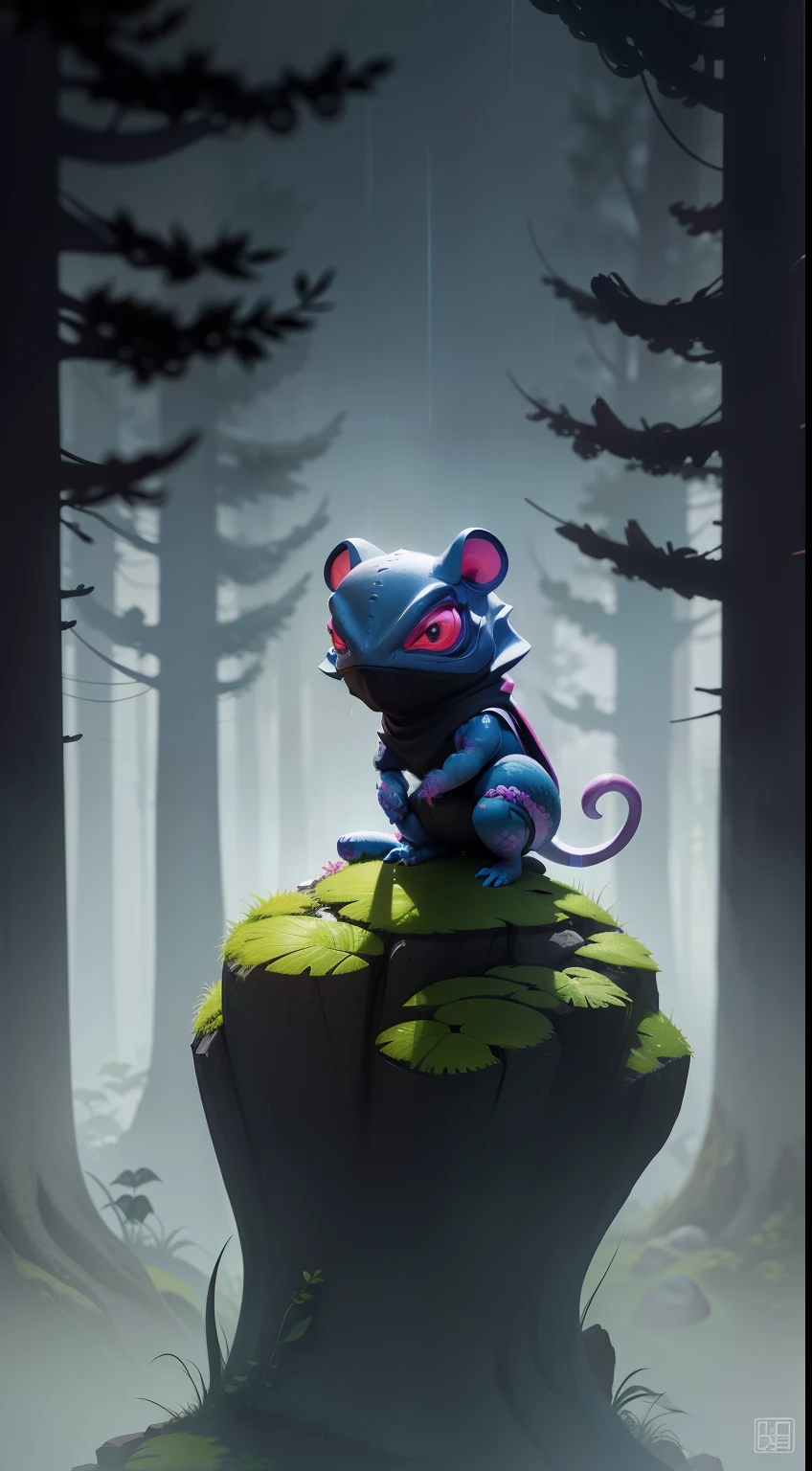 Create a vibrant dark fantasy cute ninja chameleon in a clean-lined minimalistic cartoon style, in the background a beautiful forest, rain, octane render, 8k