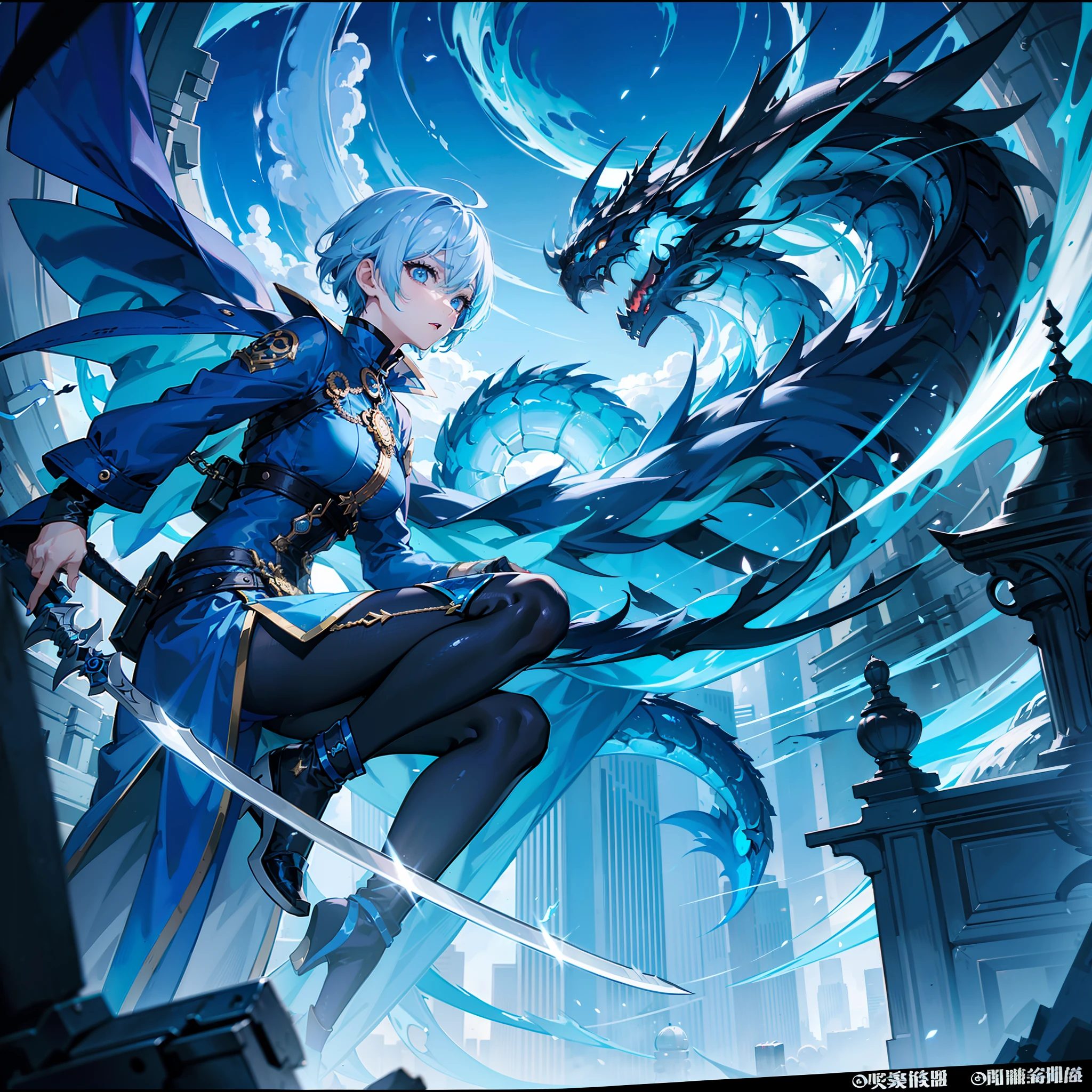 Woman with short light blue hair、Sharp Eyebrows、big eye、Dark eyelashes、Blue-based makeup、Fight Fire Dragons、Spoblar、Short pants、Sword、dark sky、Cities of the near future、ciber、(highestdetailed)、(Highest image quality 8K)、Intense depiction