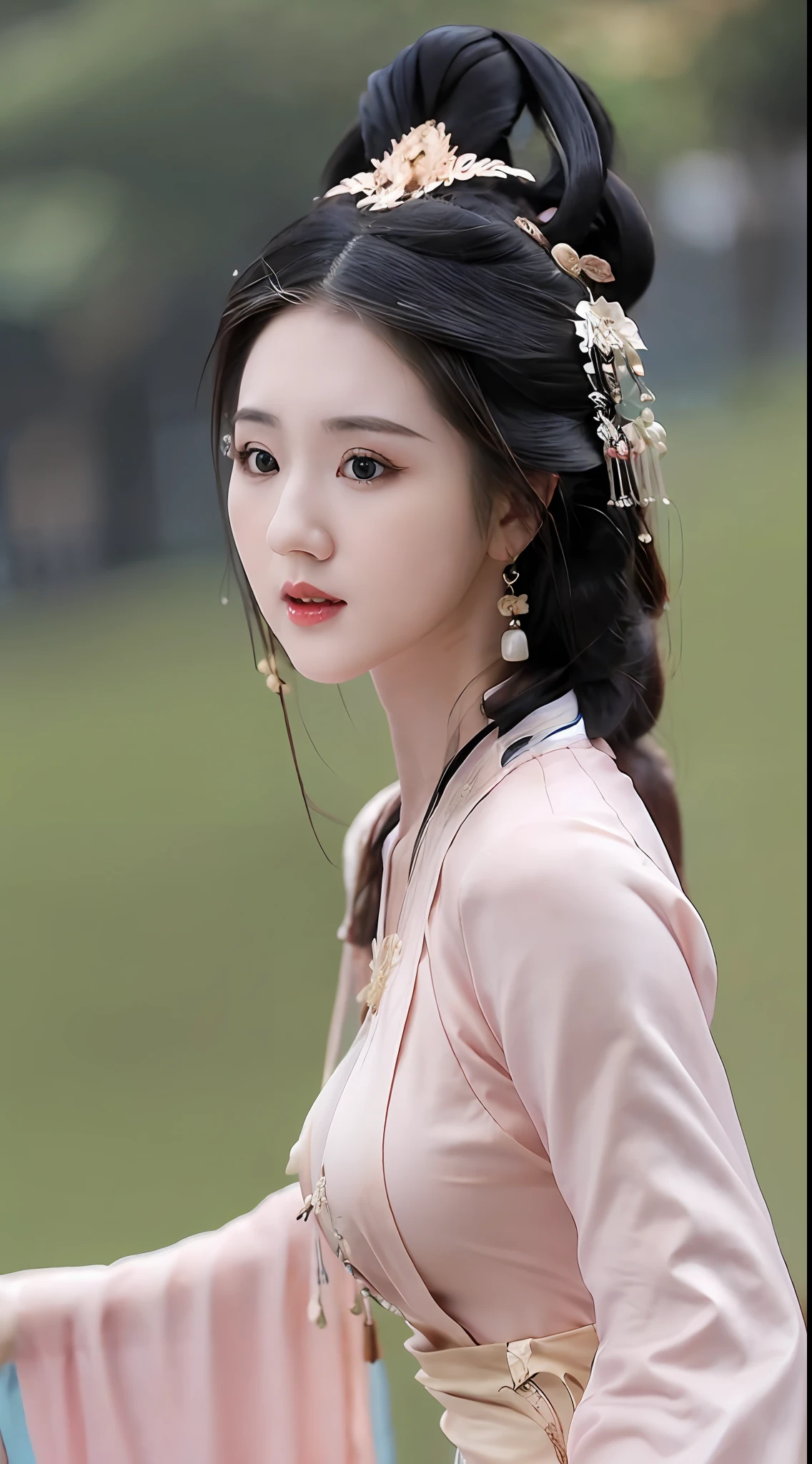 1 realistically beautiful girl, waist length hair, black eyes, ancient Ao Dai, style hanfu, wearing a thin silk shirt of ancient China, pink and smooth white skin, wearing a discreet ancient style ao dai, appears shoulders and head in the photo,cute little face, eye bags under wet makeup, plump red lips, pout, mouth shut, balanced incisors, embarrassed, small face makeup detailed and very beautifull, The breasts are super round and tight, breast augmentation, blum boobs, Cover the girl's chest with a camisole inside, blush, from front, wear earrings, necklaces, from above, looking at viewer, upturned eyes, full body, masterpiece, top quality, best quality, official art, unity 8k wallpaper, highres, ultra-high res, ultra-detailed, (photorealistic:1.2), alone, solo, Only 1 girl, style hanfu Dunhuang, 10x pixels, super realistic, ultra high quality, full body view of the girl, upper body,