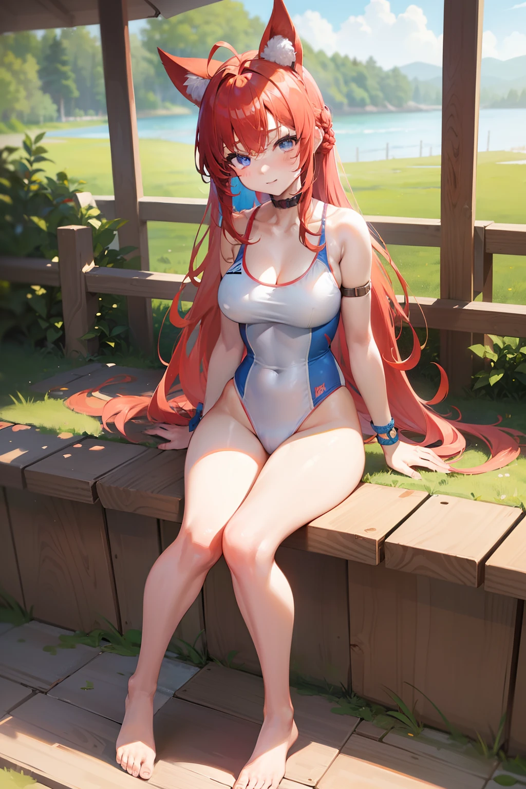 ((best quality)) ((masterpiece)) mondaijiasuka, competition swimsuit, red hair ribbom brown hair, long hair, bangs, braid, blue eyes, , full body, solo, 1girl, outdoors mondaiji-asuka-nai (NSFW 1.5)