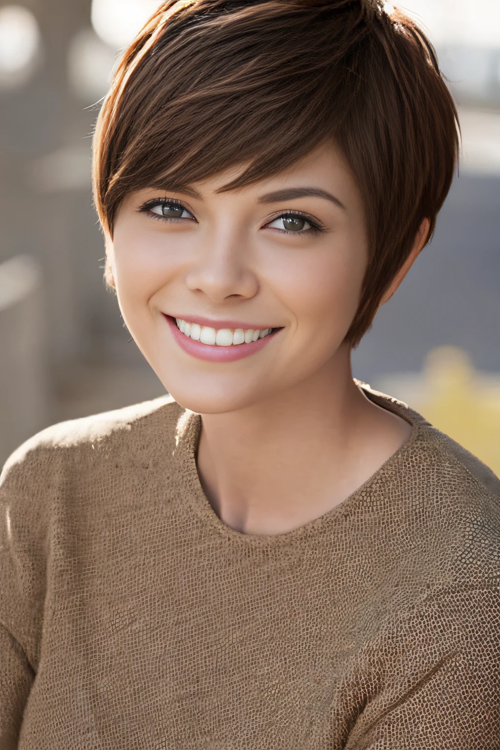 a pixie cut a smile Brown hair