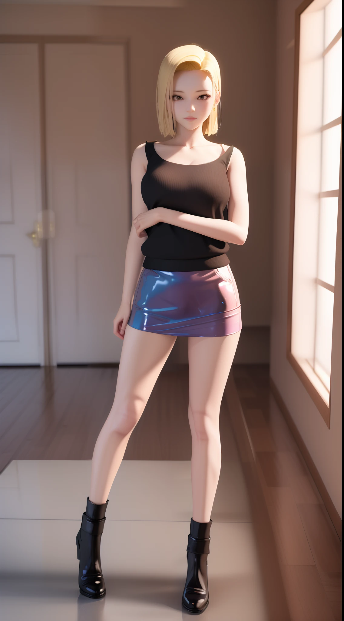 rialistic photo、Top image quality、Anime - style image of woman in short skirt posing for photo, realistic anime 3 d style, Android 18, Seductive Anime Girl, photorealistic anime girl render, Hyper realistic anime, 3 d anime realistic, realistic shaded perfect body, anime highly detailed, charming anime girls, perfect android girl, Casual pose, Realistic anime art style, photorealistic anime