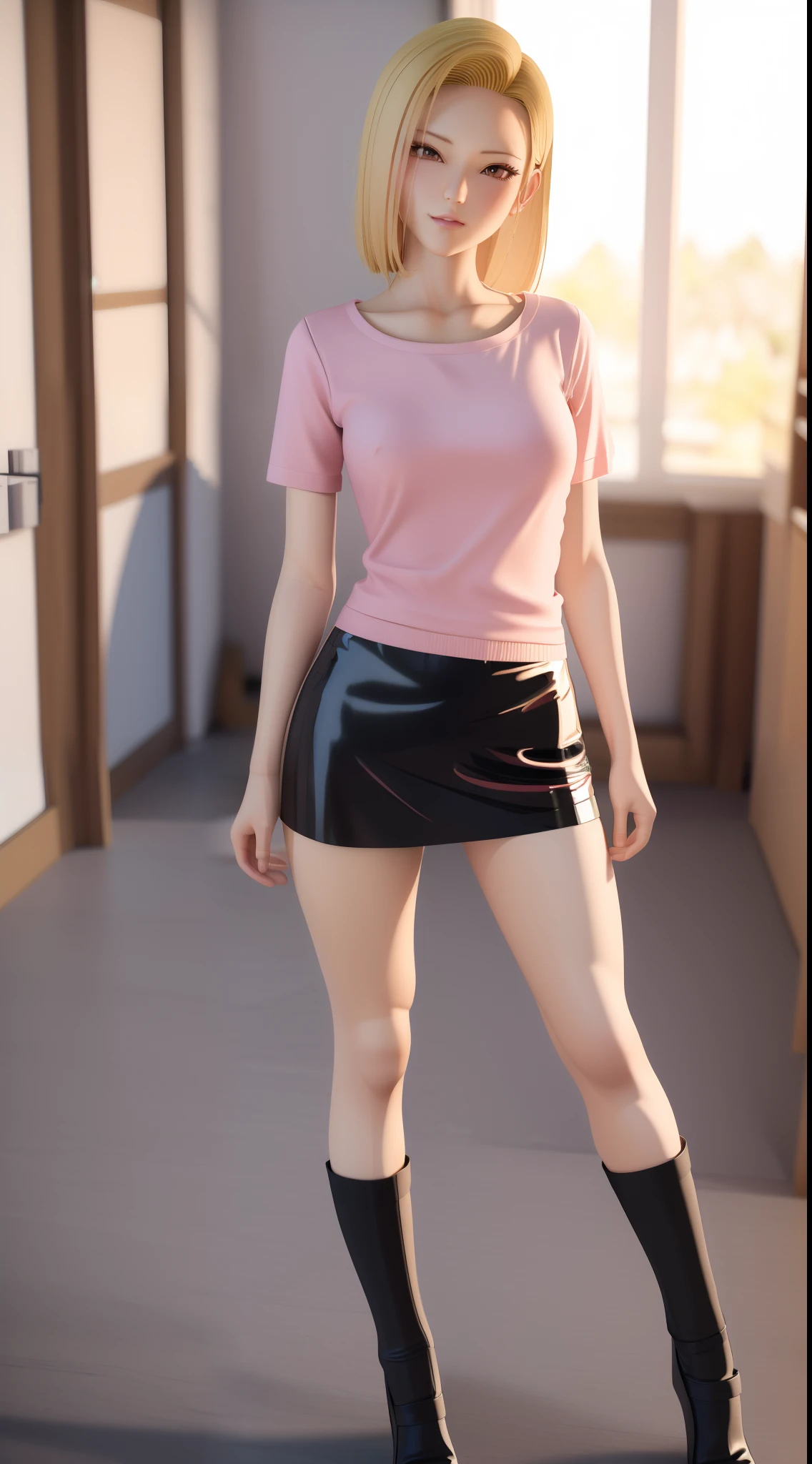 rialistic photo、Top image quality、Anime - style image of woman in short skirt posing for photo, realistic anime 3 d style, Android 18, Seductive Anime Girl, photorealistic anime girl render, Hyper realistic anime, 3 d anime realistic, realistic shaded perfect body, anime highly detailed, charming anime girls, perfect android girl, Casual pose, Realistic anime art style, photorealistic anime