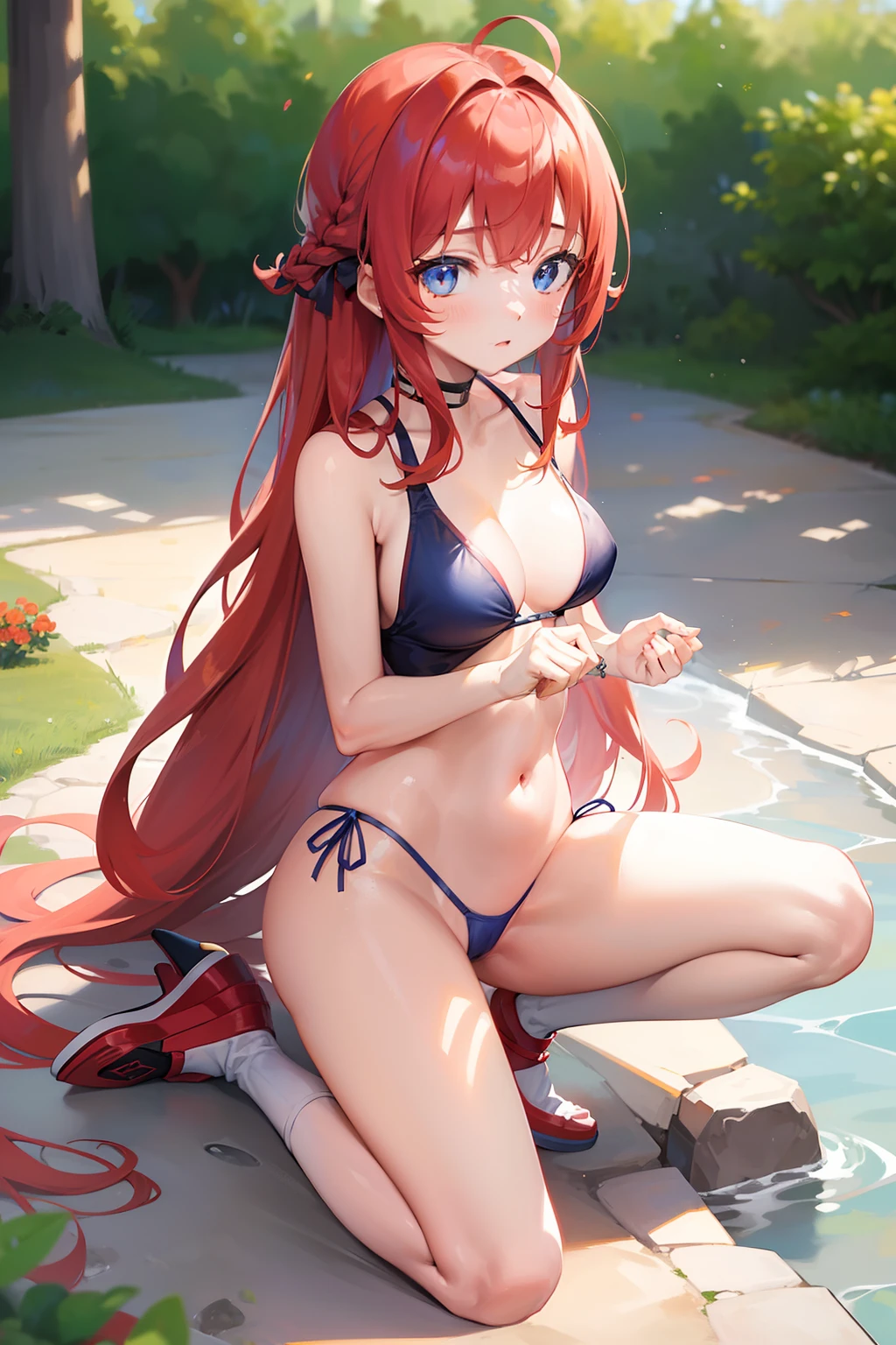 ((best quality)) ((masterpiece)) mondaijiasuka, competition swimsuit, red hair ribbom brown hair, long hair, bangs, braid, blue eyes, , full body, solo, 1girl, outdoors mondaiji-asuka-nai (NSFW 1.5)