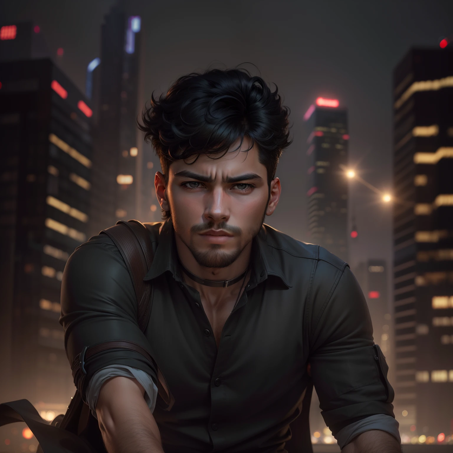 Best quality, masterpiece, ultra high res, (photorealistic:1.4), raw photo, young handsome male, black hair, (night city background:1.2)