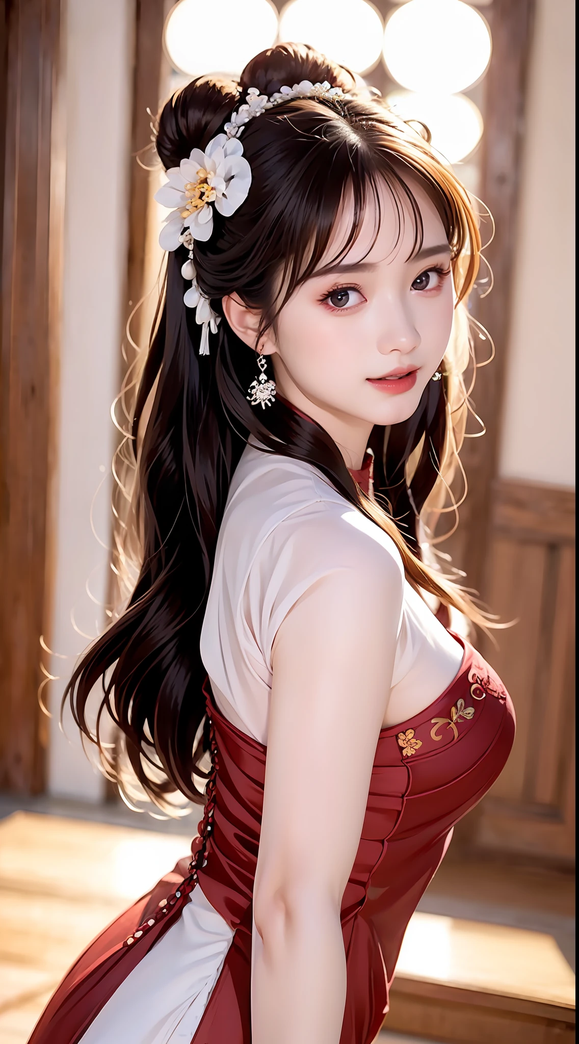 Best quality at best， tmasterpiece， beautiful  face， 1girll， Long_Hair， 独奏， The upper part of the body_Body， Porcelain dress，shift dresses，hair adornments， choker necklace， jewely， long whitr hair， 耳Nipple Ring， Chinese outfit(8K, RAW photo, Photorealistic:1.25) ,( Gloss on lips, eyeslashes, gloss face, Glossy glossy skin, best qualtiy, 超高分辨率, depth of fields, color difference, Caustics, Wide light, naturalshadow, Kpop idol) Being in the room，European style，sitted，sliver long hair，White cheongsam，Red trim，Medium chest detail,8K resolution,超高分辨率,A young girl, A cute girl，short detailed hair，hair-bun，lipsticks，Tassel earrings，choker necklace，Black clear eyes，Smooth hair,鎖骨,Exquisite and perfect facial features, the most beautiful big eyes,Long eyelashes,The eyes are sweet and there are lying silkworms，dynamic angle,Extreme picture quality,Highest precision,Precise and perfect human anatomy，(((Antique tulle red Hanfu，Red embroidery)))，((sitted))，Warm scene，超高分辨率，Ultra-clear vintage black flowing hair，Delicate bun）By bangs，（Long flowing hair，With a bun:1.3）），Delicate collarbones，beautiful make up，Exquisite and perfect facial features，，Big watery eyes，Lying silkworm，Long eyelashes，The eyes are sweet and have eye shadow，Slim waist，Do not show your hands，，lipsticks，Blushlush，Delicate earring earrings，pearls necklace