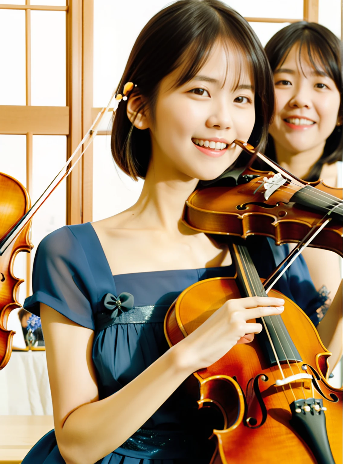 Holding a violin、Woman in blue dress smiling at camera, narumi kakinouchi, Kiyoko Suzuki, Ayami Kojima Amano, harumi, nishimiya shouko, deayami kojima, ayamin kojima, hanekawa tsubasa, with an elegant smile, Shiori Teshirogi, hiyao miyazaki, sayori