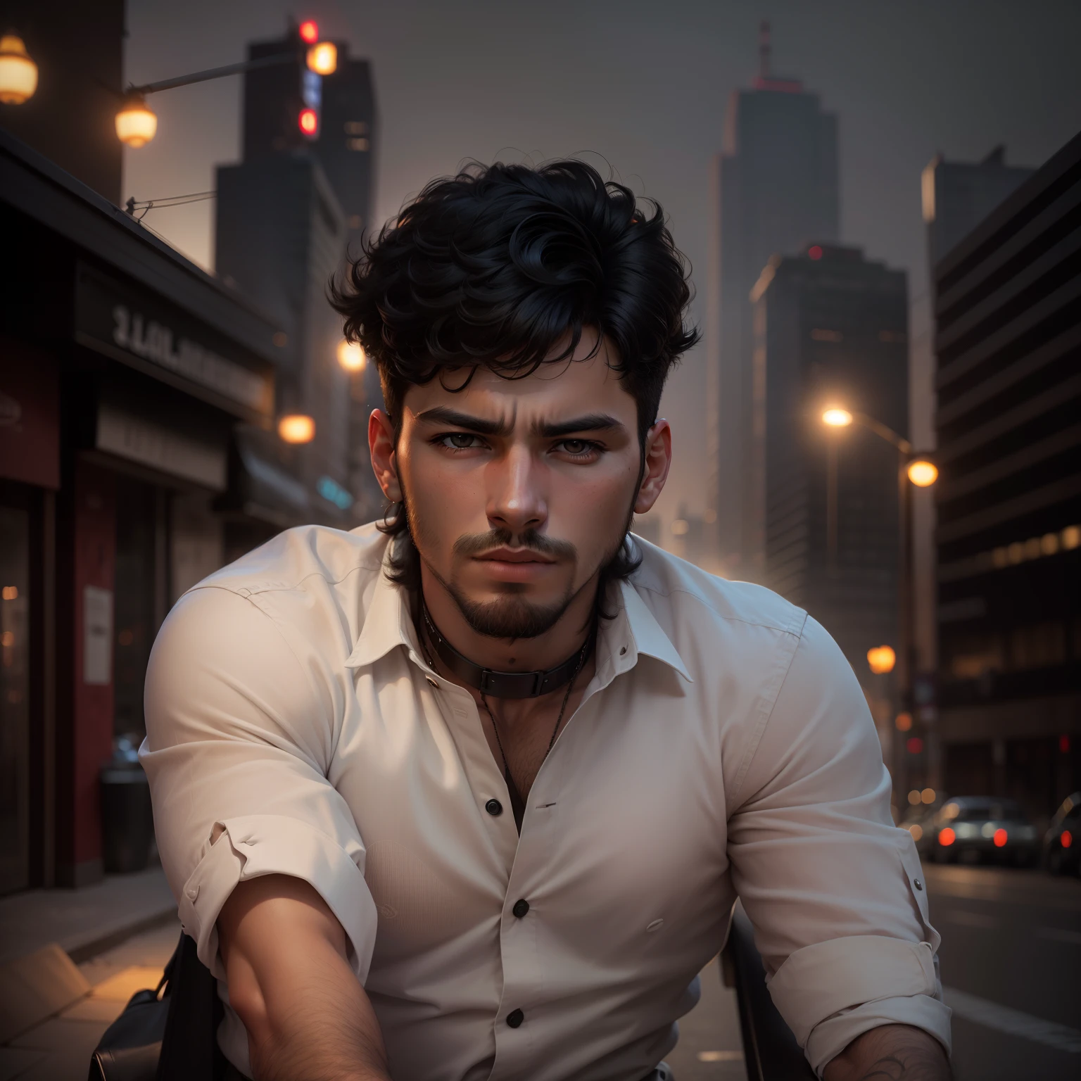 Best quality, masterpiece, ultra high res, (photorealistic:1.4), raw photo, young handsome male, black hair, (night city background:1.2)