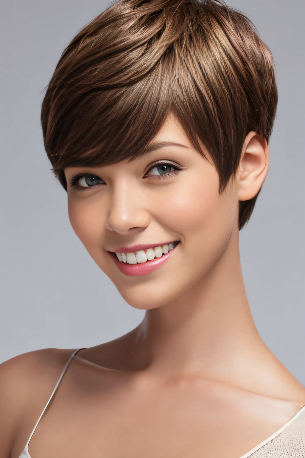 a pixie cut a smile Brown hair