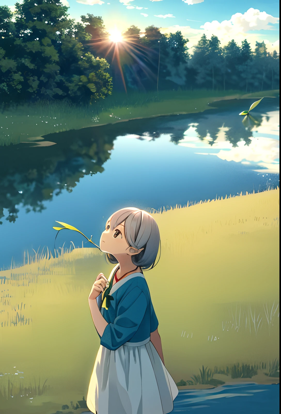 A cute girl，Stand under the setting sun and look up at the clouds in the sky，There is a river next to the verdant meadow，Fish playing in the river，There was an old man fishing，