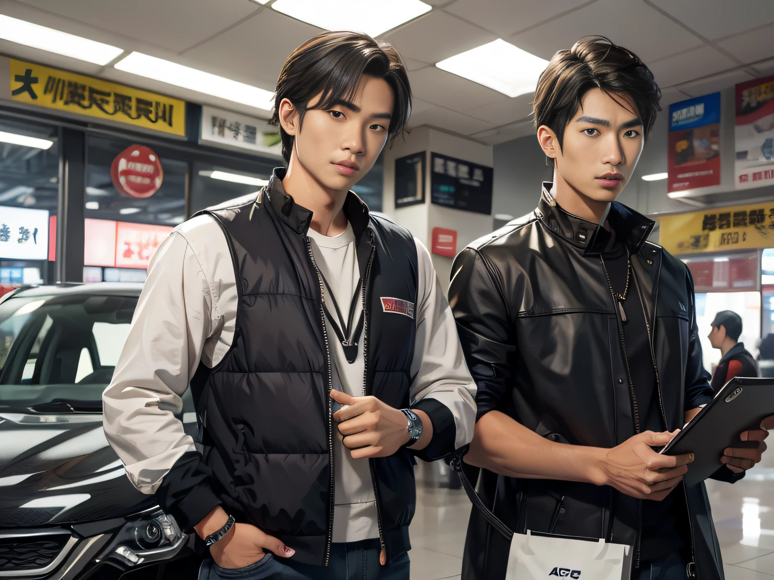 Male with 2 Asian faces,Shop for car supplies in casual wear at the auto supply supermarket,sface focus,Extreme depiction of facial detail
