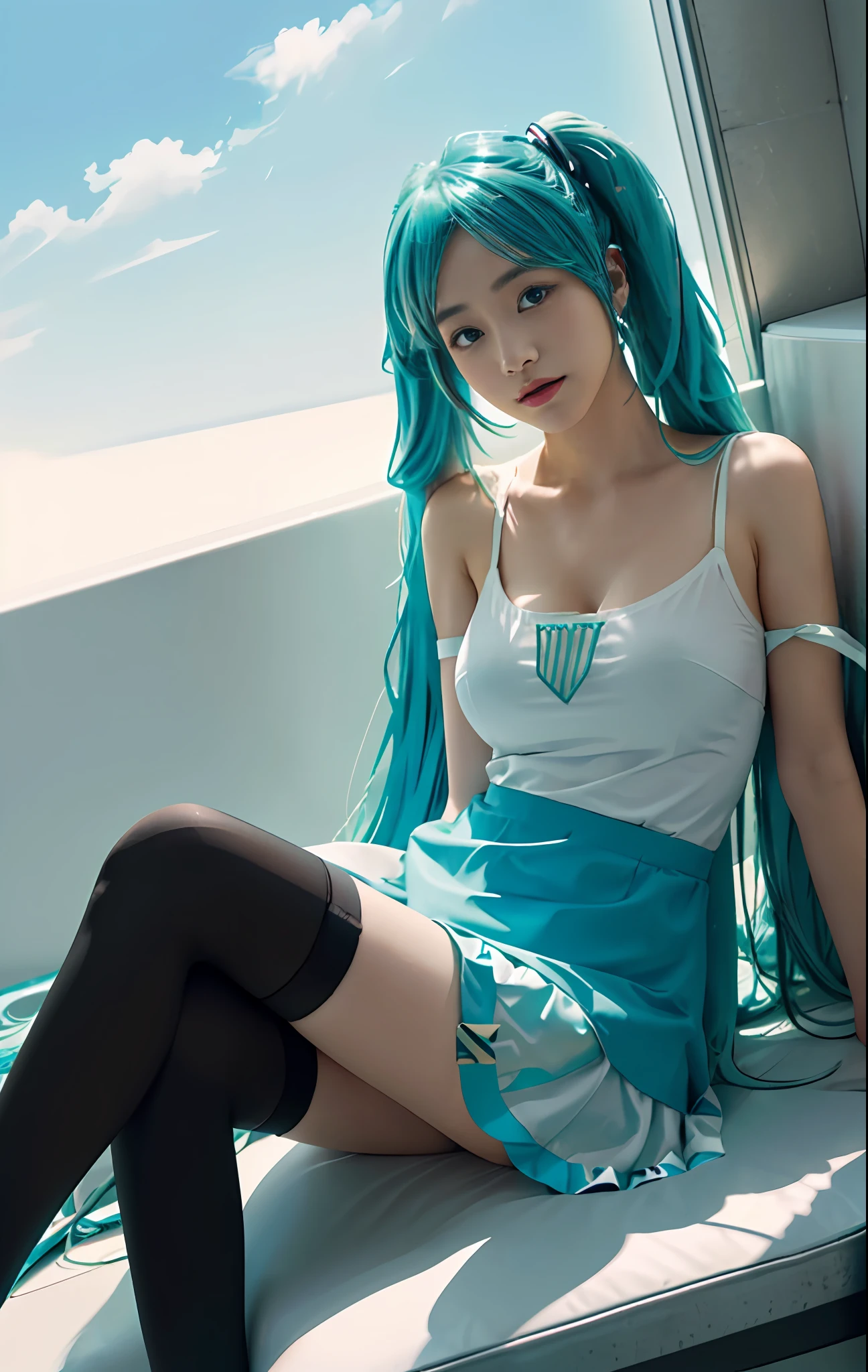 (One lady)、(tmasterpiece)、(best qualtiy)、(ultra - detailed)、(a high chroma)、(CG illustration)、hight contrast、((low angles))、vocaloid、((miku hatsune))、(Fine and beautiful eyes)、Delicate beautiful face、((Flowing hair))、(( Gundam armor))、see through shirt、(Black stockings)、((B cup breasts))、((teaxs)) 、The best lighting、spread their legs、Floating inside、simple background，Stand up，Stand up，Flame it up