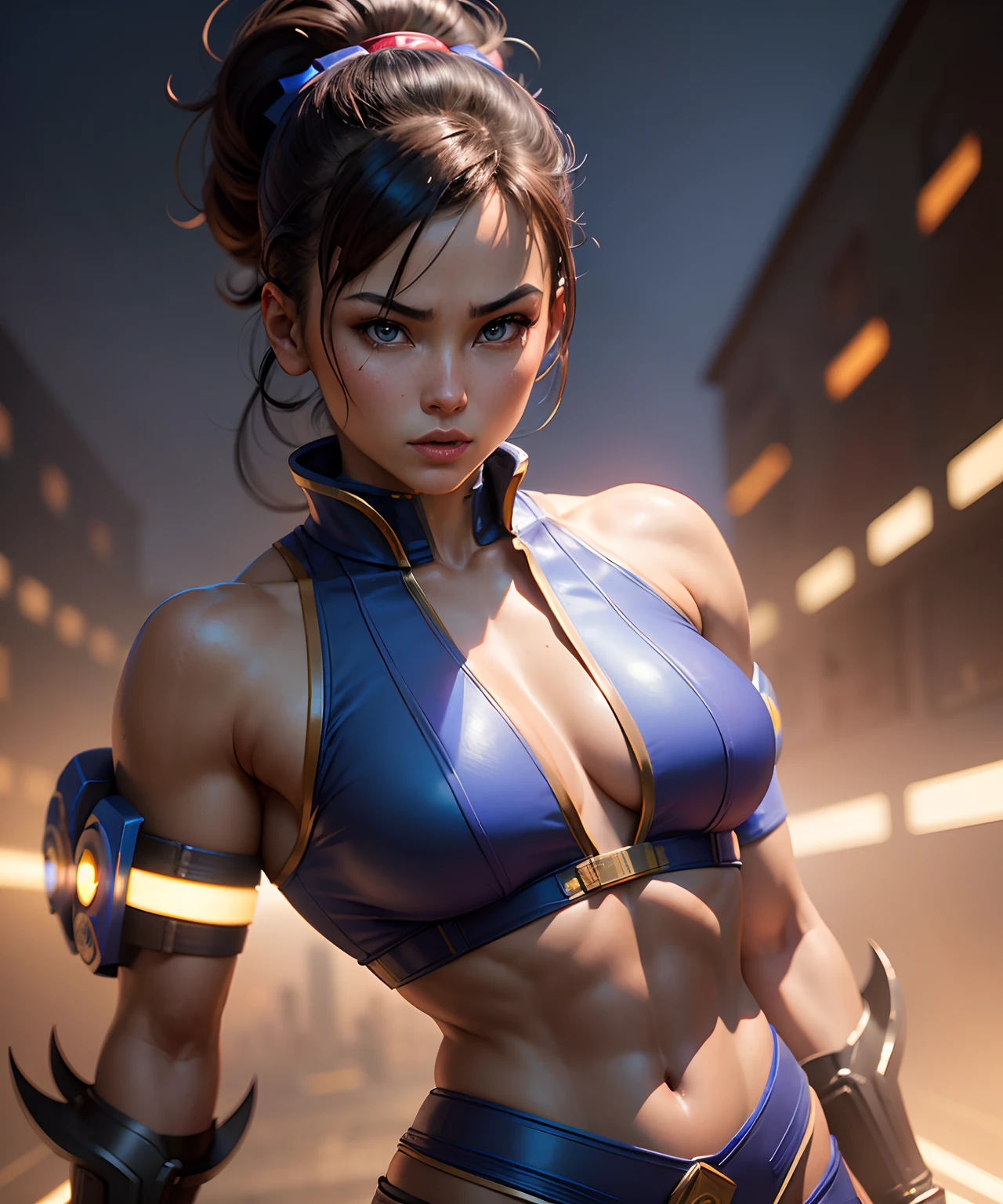 Street Fighter, 1980s sci-fi style, video game characters, Chun-Li, MODELSHOOT STYLE, PHOTOGRAPHY, ARMORGIRL, highly detailed face by greg rutkowski and magali villanueve, beautiful eyes, toned body, cinematic lighting, Hyperrealism, photography