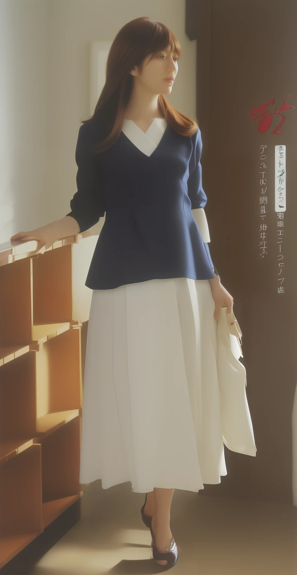 ((masutepiece, of the highest quality, High Definition)),30-year-old woman in navy top and white skirt standing in room, style of yoshii chie, By Yasutomo Oka, style of masami kurumada, by Oka Yasutomo, catalogue photo, by Kobayashi Kiyochika, by Sengai, Yasumoto Oka,feminine makeup, ((Feminine long hair, Brown hair color: 1.5)),