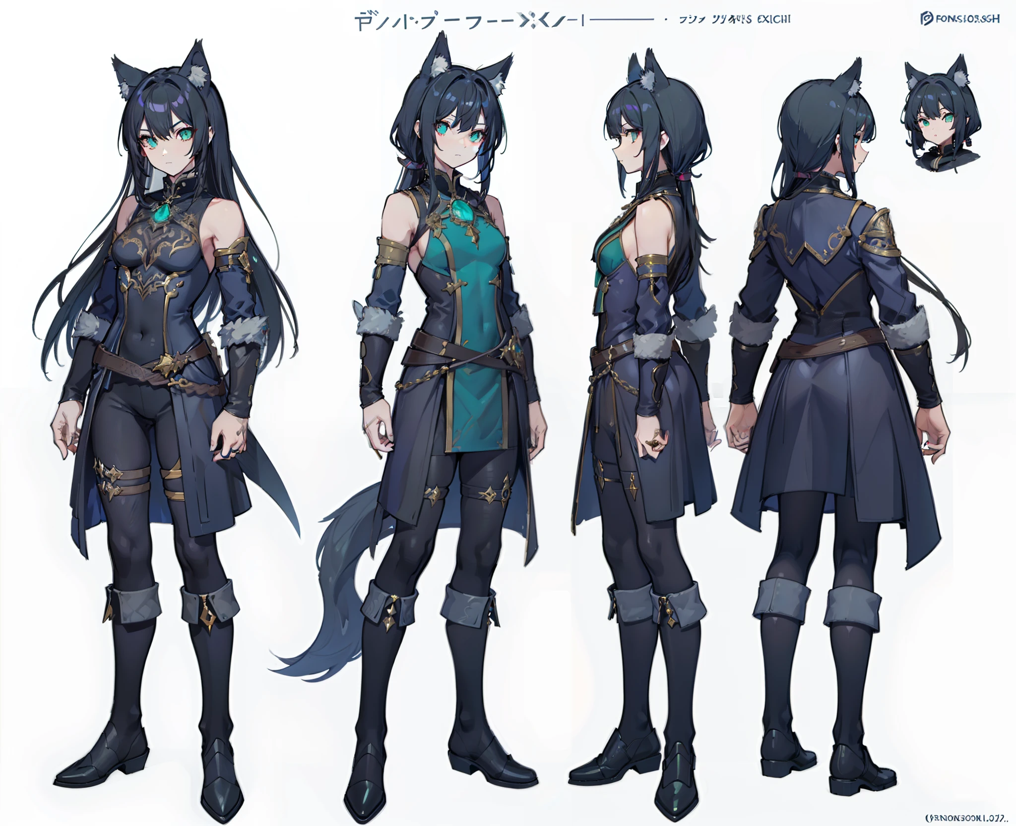 1girl, reference sheet, matching outfit, (fantasy character design, front angles, side angles, rear angles) Alistair, Demi-Human character design. Lithe and agile frame, feminine appearance. Striking emerald eyes with a mischievous glint, hint of magical prowess. Long jet-black hair, intricate arcane symbols on attire. Wolf-like ears and tail, distinctive Demi-Human features. (masterpiece:1.2), (best quality:1.3).