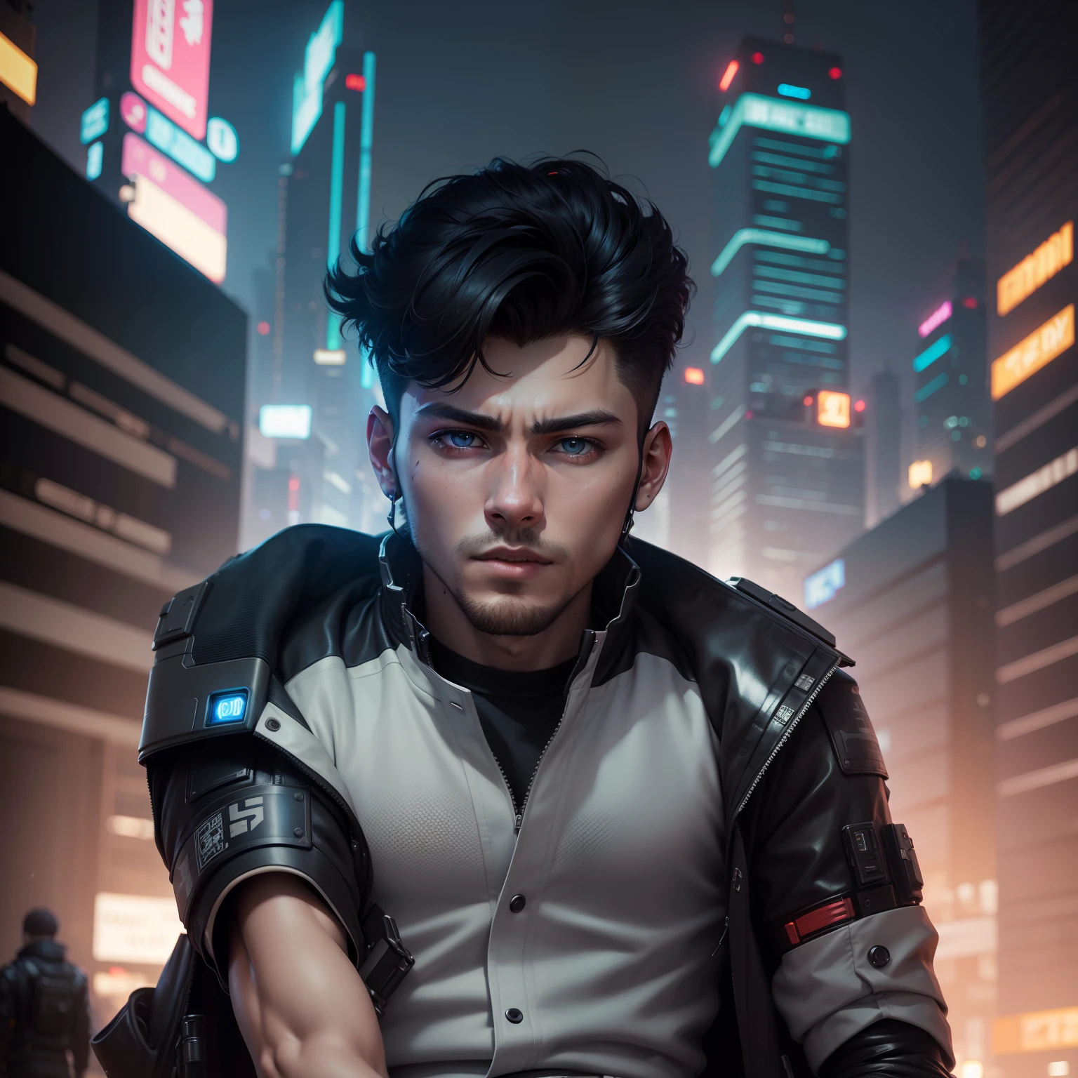 landscape 1boy, 27 years old, futuristic cyberpunk clothes, night, detailed futuristic cyberpunk tokio street, medium full shot, photorealistic, masterpiece, realistic, 8k dslr, extreme detailed eyes, extreme detailed face, extreme detailed body, FujiFilm XT3