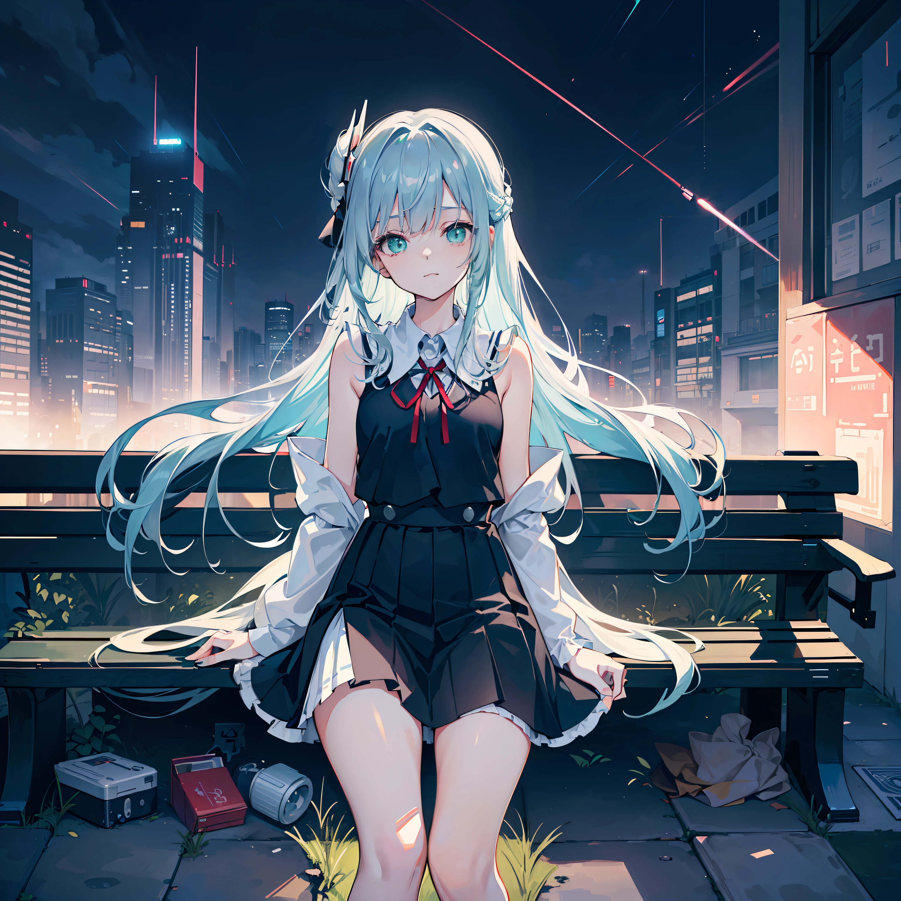 ((tmasterpiece、Need、Ultra-delicate、4K）), （Beautiful animation style），（illustration）（the wallpaper）（Detailed background）（1girll），**** body type，独奏，，Student uniform, A red ribbon is tied around the chest，Cute，（A meticulous face），Long hair，Silvery hair，（SideBraid），Hair is delicate and shiny，Baby fat face，（Aqua green eyes），up looking，（ssmile），Separate the sleeves，exposed bare shoulders，Black thigh leg ring，White knee-length socks，The barefoot，Sit on a bench on the side，（starrysky），There is garbage on the ground，Mossy，City，cyber punk style，Cowboy perspective，light particules，Ray traching，Picture rendering，cinmatic lighting，Volumetriclighting，