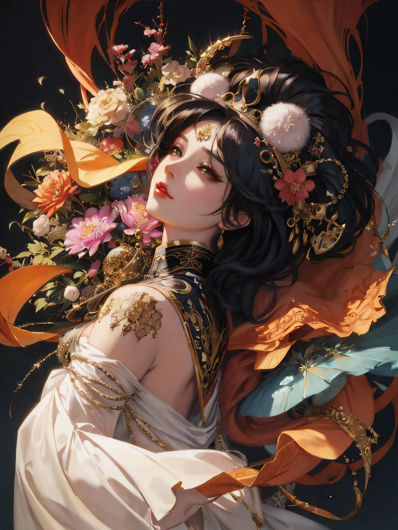 a close up of a woman with a large headpiece and flowers, artwork in the style of guweiz, by Yang J, beautiful character painting, alphonse mucha and rossdraws, ((a beautiful fantasy empress)), a beautiful fantasy empress, ross tran 8 k, guweiz, palace ， a girl in hanfu, guweiz masterpiece