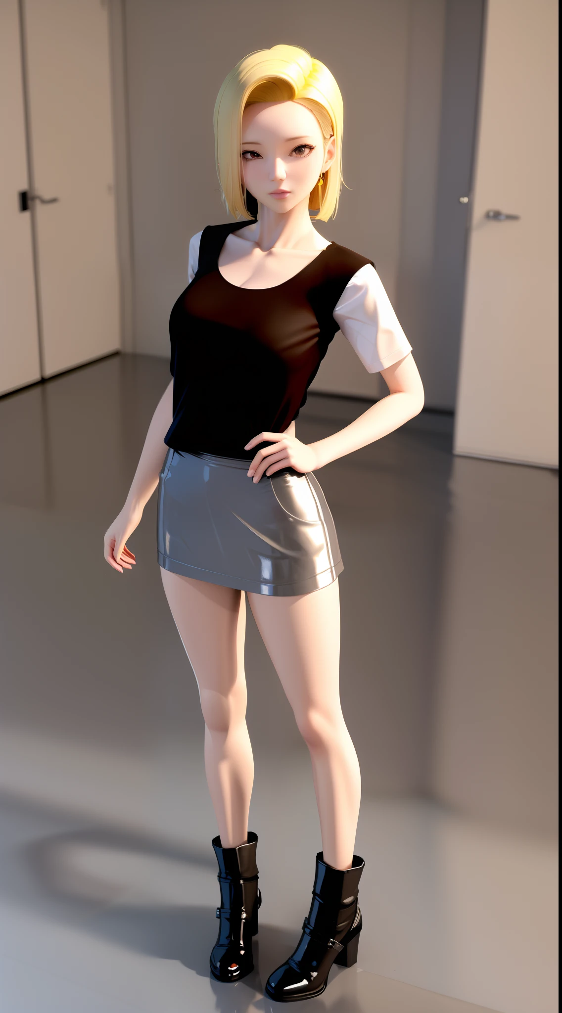 rialistic photo、Top image quality、Anime - style image of woman in short skirt posing for photo, realistic anime 3 d style, Android 18, Seductive Anime Girl, photorealistic anime girl render, Hyper realistic anime, 3 d anime realistic, realistic shaded perfect body, anime highly detailed, charming anime girls, perfect android girl, Casual pose, Realistic anime art style, photorealistic anime