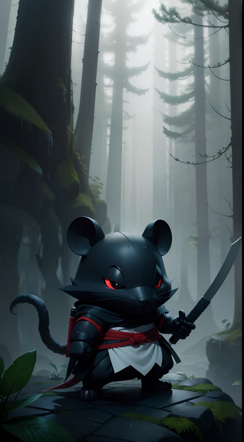 Create a vibrant dark fantasy cute ninja white Rat in a clean-lined minimalistic cartoon style, in the background a beautiful forest, rain, octane render, 8k