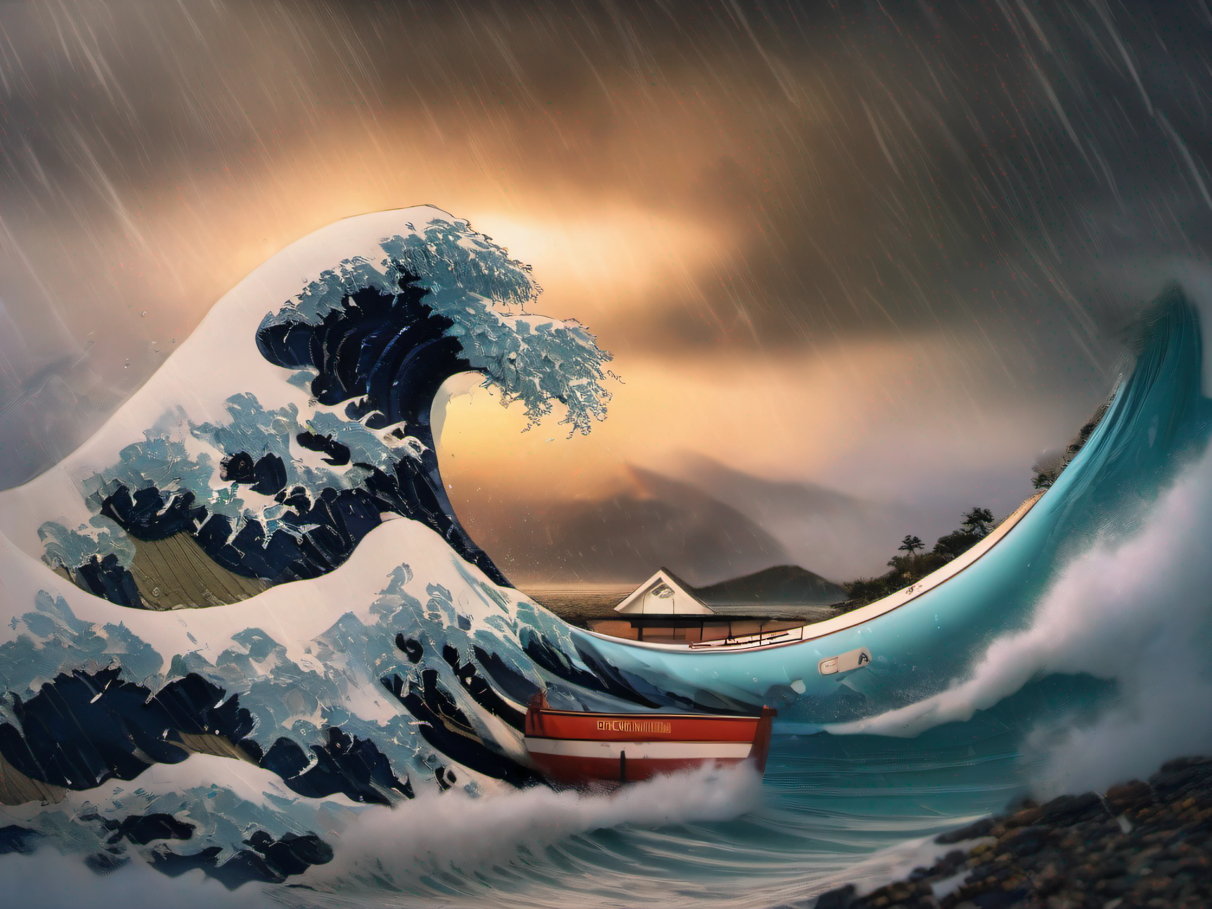 (masterpiece:1.2), (8k:1.2), (tsunami:1.5), (hailstorm:1.2), (rain:1.4)