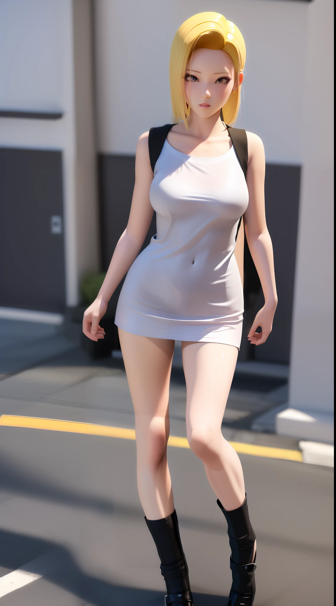 rialistic photo、Top image quality、Anime - style image of woman in short skirt posing for photo, realistic anime 3 d style, Android 18, Seductive Anime Girl, photorealistic anime girl render, Hyper realistic anime, 3 d anime realistic, realistic shaded perfect body, anime highly detailed, charming anime girls, perfect android girl, Casual pose, Realistic anime art style, photorealistic anime
