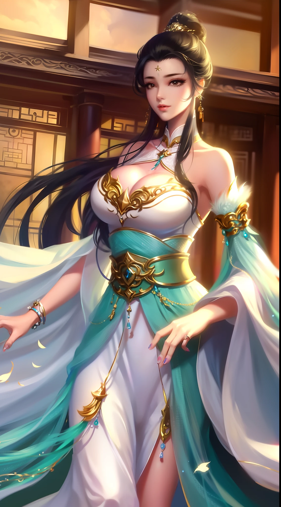 best qualtiy,tmasterpiece,Need,超高分辨率,16K,Super clear picture quality,Wallpapers,realisticlying,Front lighting,Complicated details,Exquisitedetailsandtextures,1girll,独奏,Chinese architectural background,young,full bodyesbian,Facial highlights,Super detailed facial details,Whitish skin,Black color hair,hair adornments,hair-bun,Ji hair style,耳Nipple Ring,looking at viewert,largeeyes,Hanfu,Open abdomen,(Breast enlargement:C cup),slimfigure,Chinese courtyard,Beautiful surroundings,best illuminate,softlighting,Vivid and bright,Graphics card rendering