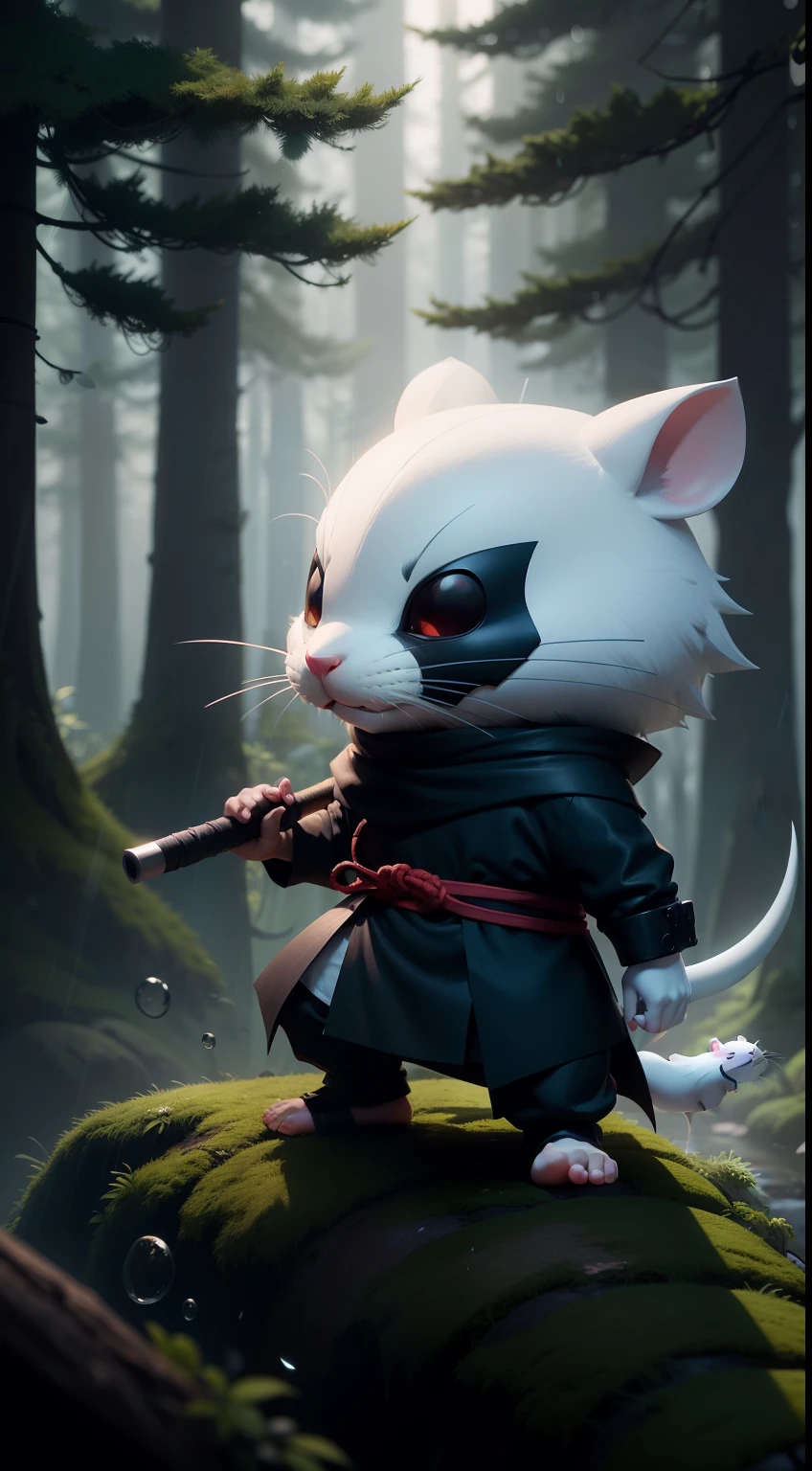 Create a vibrant dark fantasy cute ninja white Rat in a clean-lined minimalistic cartoon style, in the background a beautiful forest, rain, octane render, 8k