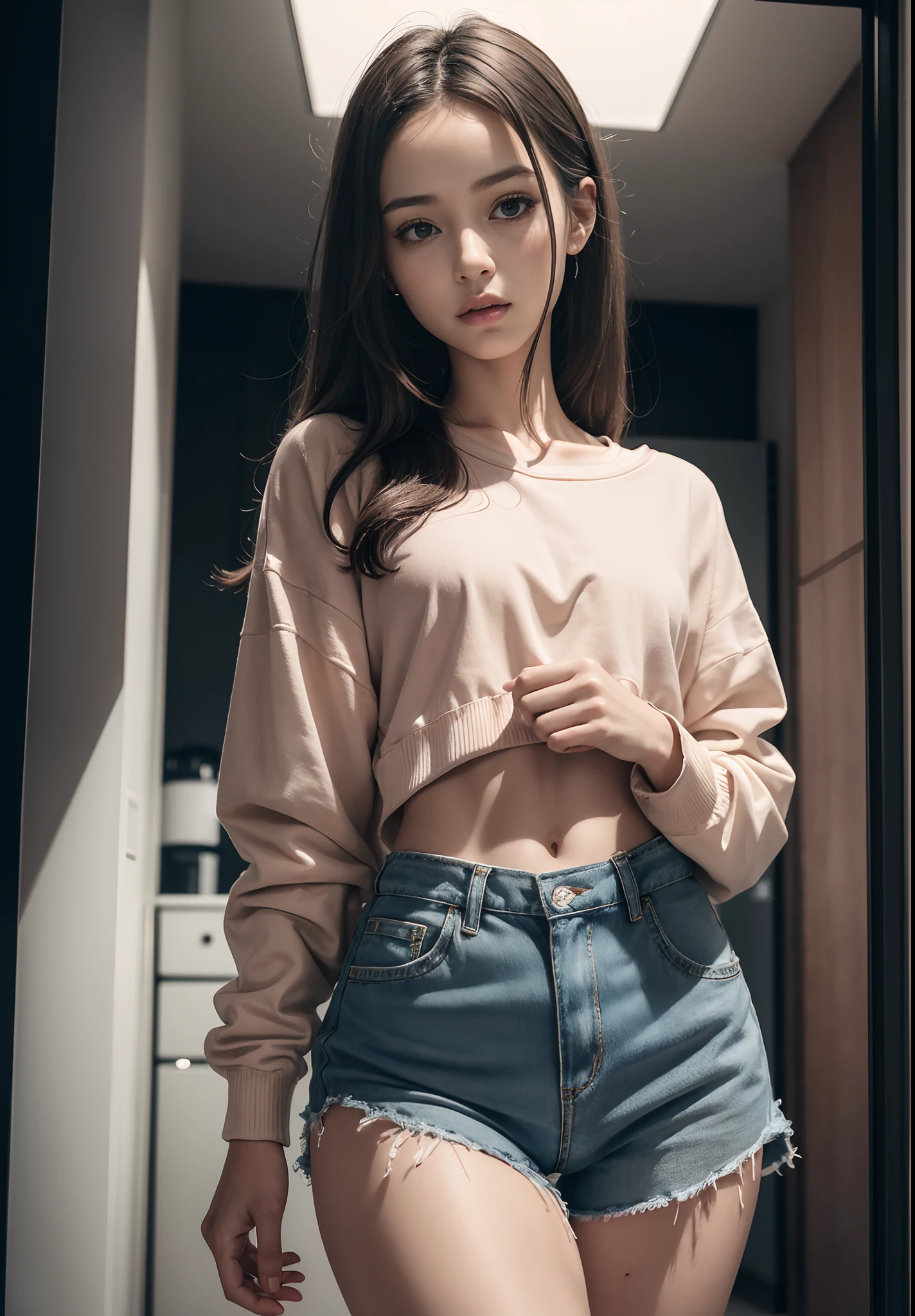 Photorealistic, Erotic pose, (Shot from below), (Intricate details, Exaggerated details, hyper-high detail), Self-portrait, (1girll, Beautiful, Delicate face, Innocent, Fair skin, ), ((Casual rough streetwear):1.2), Small waist, (wide thigh gap):1.2, (Wide thighs):1.2, (Masterpiece),Tattoo of the lower abdomen,Pink tattoo,coloured photo