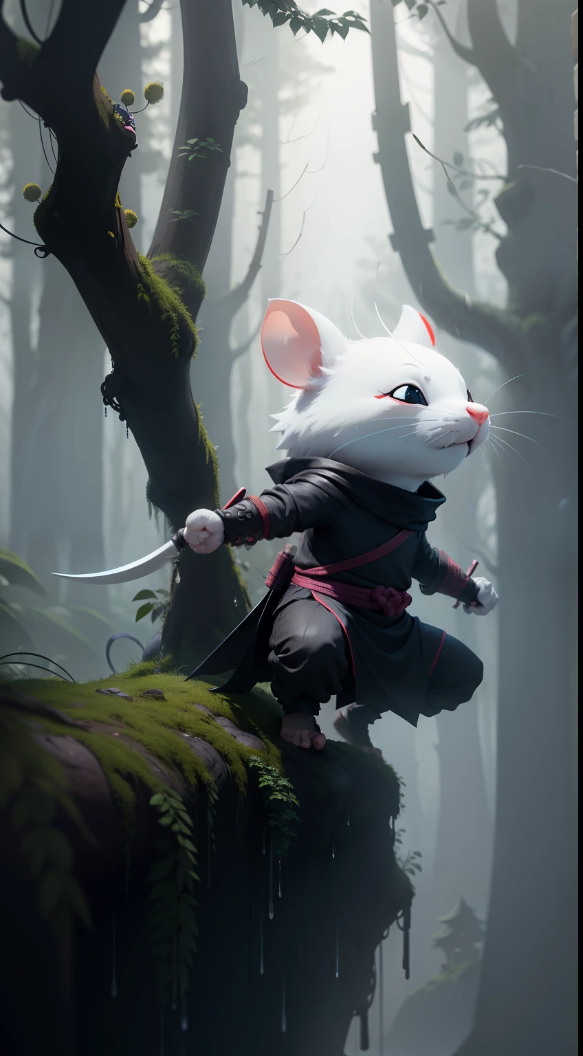 Create a vibrant dark fantasy cute ninja white Rat in a clean-lined minimalistic cartoon style, in the background a beautiful forest, rain, octane render, 8k