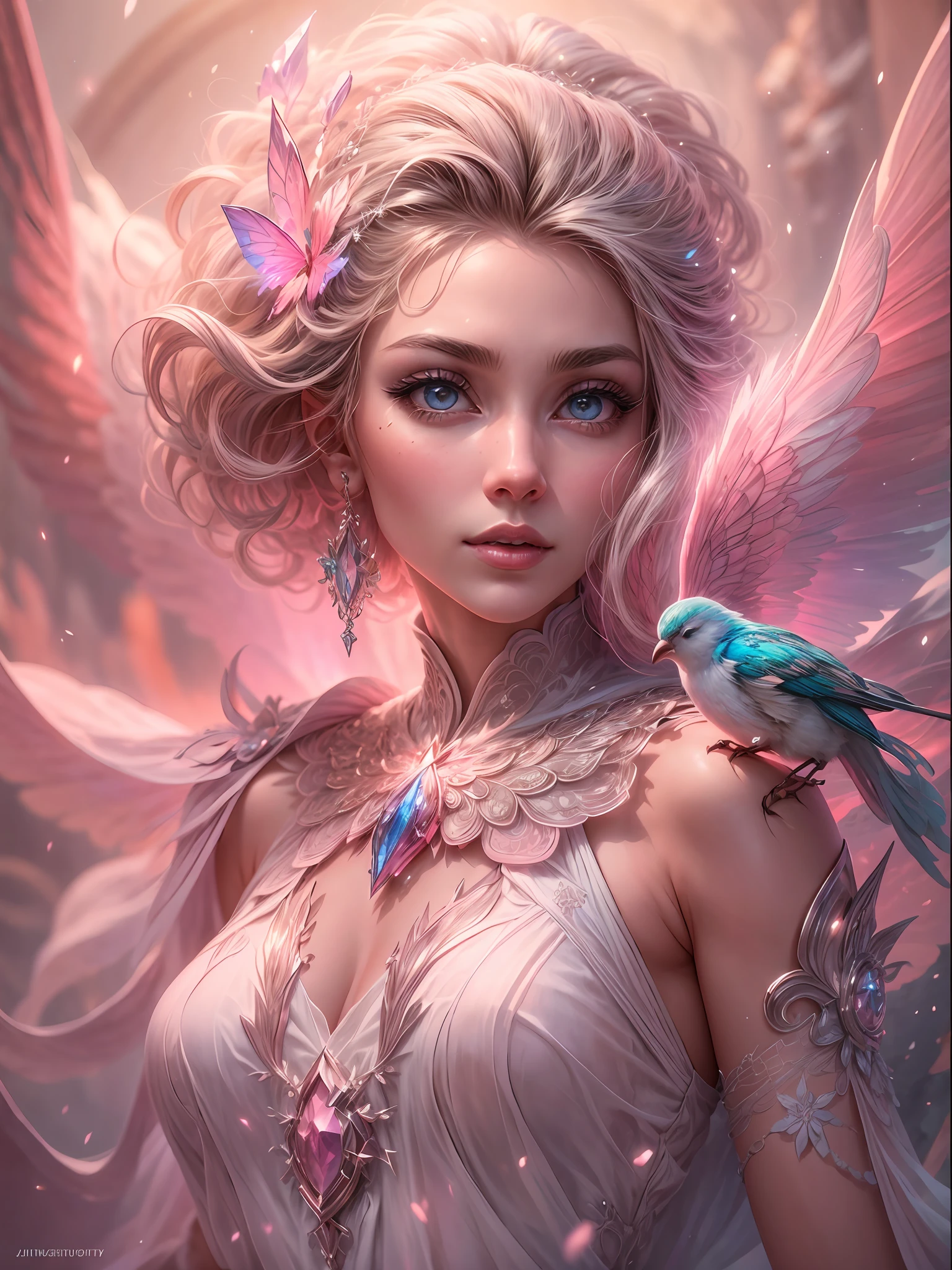 Generate a pretty and realistic fantasy artwork with bold jewel-toned ((((pink)))) hues, pretty glitter and shimmer, and lots of snowflakes. Generate a luminous and petite woman with curly hair, metallic hair, and realistically textured hair. Her skin is pure white and seems to glow in the light. The woman's face is important: include ((soft, puffy, big lips, elegant features, and the most beautiful detailed macro eyes)) in the world. The woman is in a winter landscape with soft falling snow and snowflakes, soft white fur, subtle iridescent details, subtle phantasmal iridescent details, and intricate and delicate jewelry that glimmers in the light. Include many small fantasy details like gossamer silk, feathers, delicate and stunning embroidery, and luminous lighting that glimmers. The woman's face is unobscured by details and her eyes are sharp and in high resolution. Incorporate dreamy colors, dynamic lighting, and detailed background elements to create a sense of awe and immersion. Include colorful flying magical birds and jewel-toned butterflies radiating a magical aura. Consider the latest trends in fantasy art, such as incorporating unique lighting effects, exploring dynamic and compelling composition techniques, and experimenting with unique color palettes. Take inspiration from the top artists on ArtStation and Midjourney. Camera: Choose an angle that highlights the character's beauty and enhances the magical majesty of the artwork. Lighting: Utilize atmospheric lighting techniques to create depth and mood. Resolution: Aim for a high-resolution artwork to showcase intricate details and clarity. Art Inspirations: Seek inspiration from the trending artists on ArtStation, exploring different styles, genres, and themes. white skin, pale skin, really pale skin, really white skin, beautiful eyes, fantasy details, shimmer, glimmer, magical birds, magical butterflies, ornate, (((masterpiece))), add_detail:1, earth \(planet\),