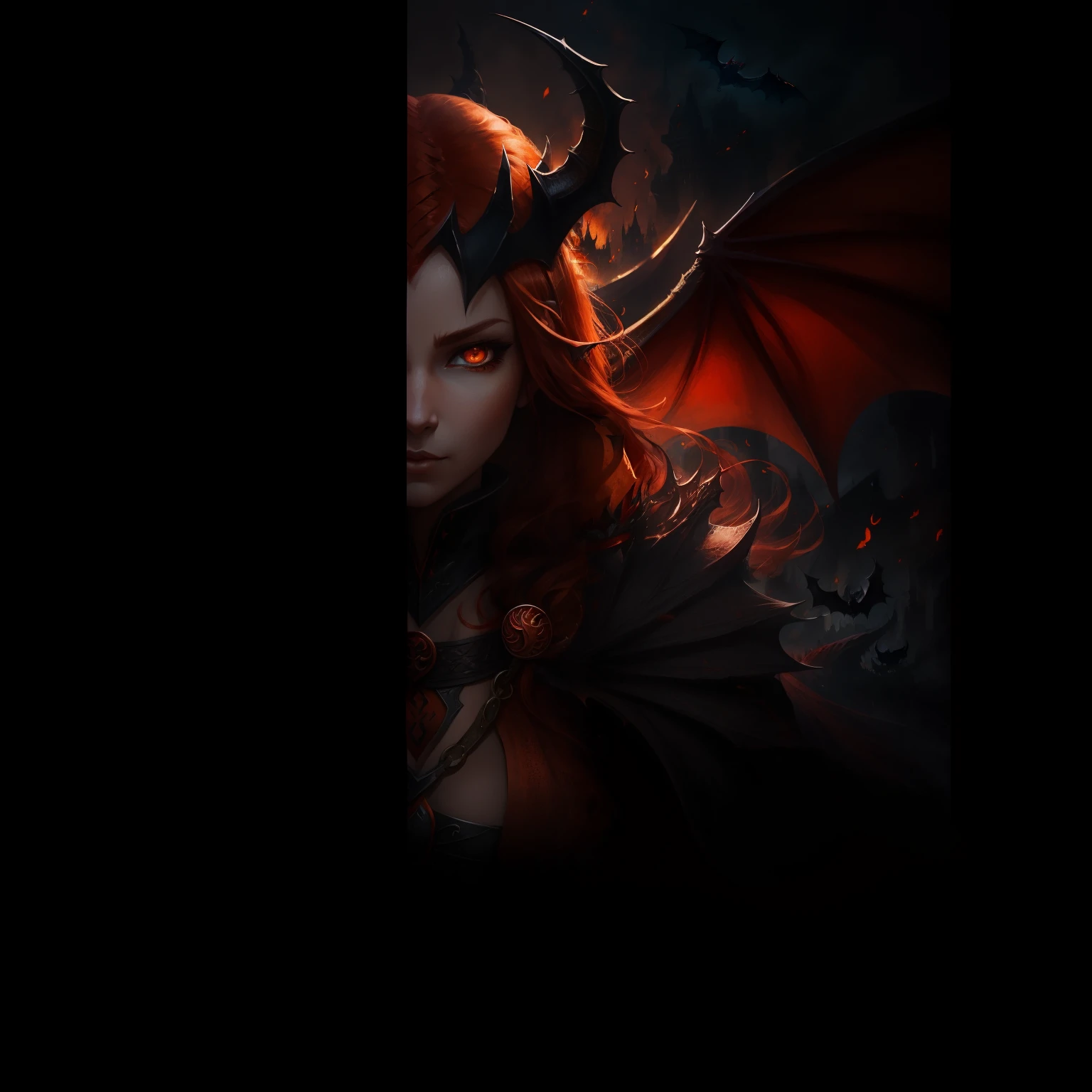 Dragon woman, bat wing, orange eyes, red hair, horns, medieval background, magic around