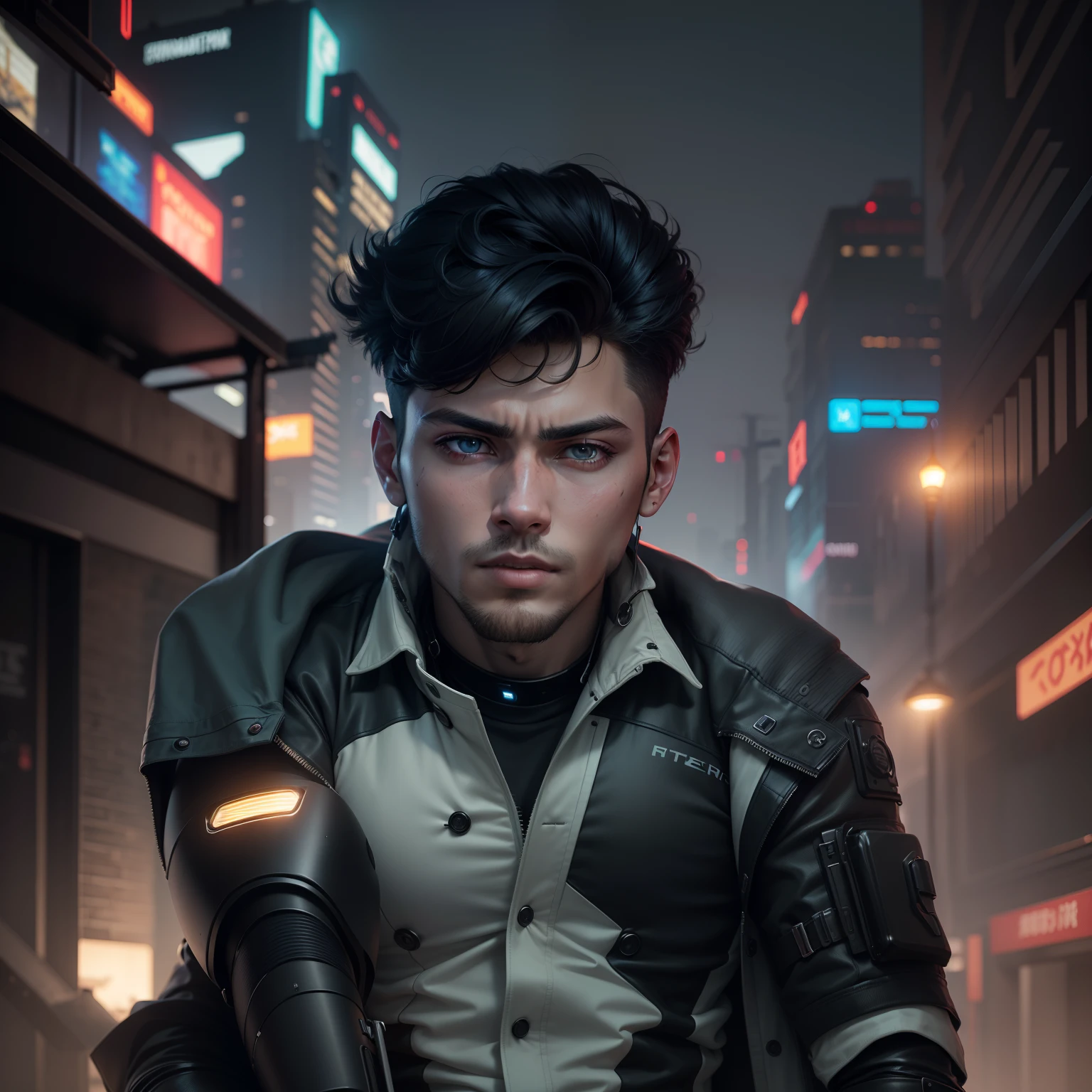 landscape 1boy, 27 years old, futuristic cyberpunk clothes, night, detailed futuristic cyberpunk tokio street, medium full shot, photorealistic, masterpiece, realistic, 8k dslr, extreme detailed eyes, extreme detailed face, extreme detailed body, FujiFilm XT3