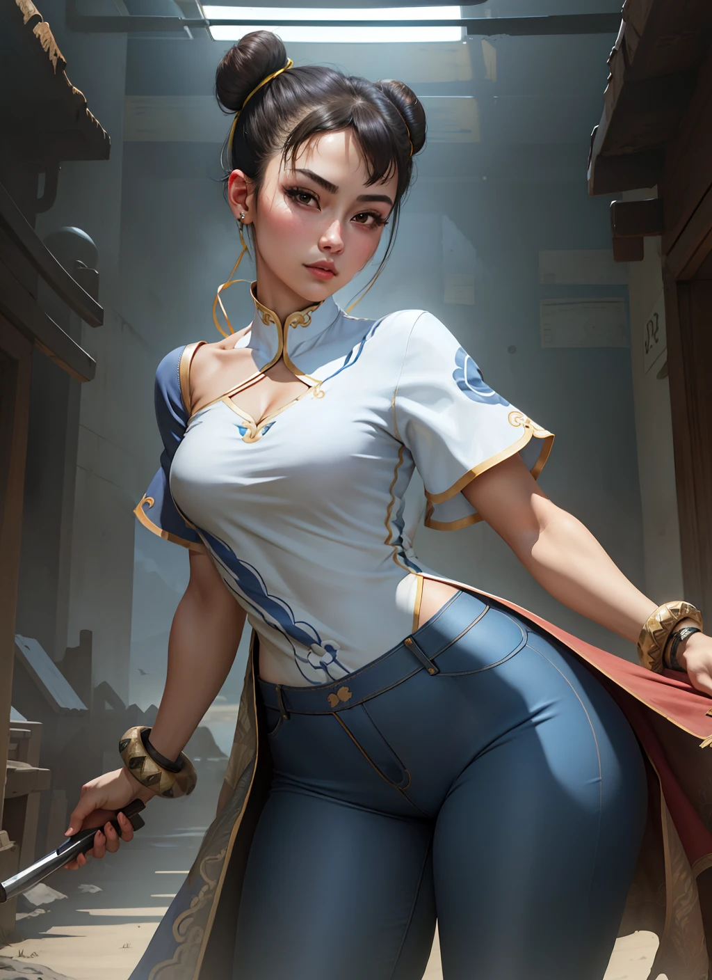 (masterpiece, best quality, high resolution), (illustration:1.0), extremely detailed face, perfect lighting, (perfect hands,perfect anatomy), (1girl, solo:1.5), glowing skin and perfect symmetrical pretty face ,cowboy shot,  chunlims,  hair bun, double bun, eyeshadow, makeup,  chinese clothes, pelvic curtain, solo, dress, bracelet, ribbon, pants, blue pants, makeup,  short sleeves, wide hips, thick thighs,