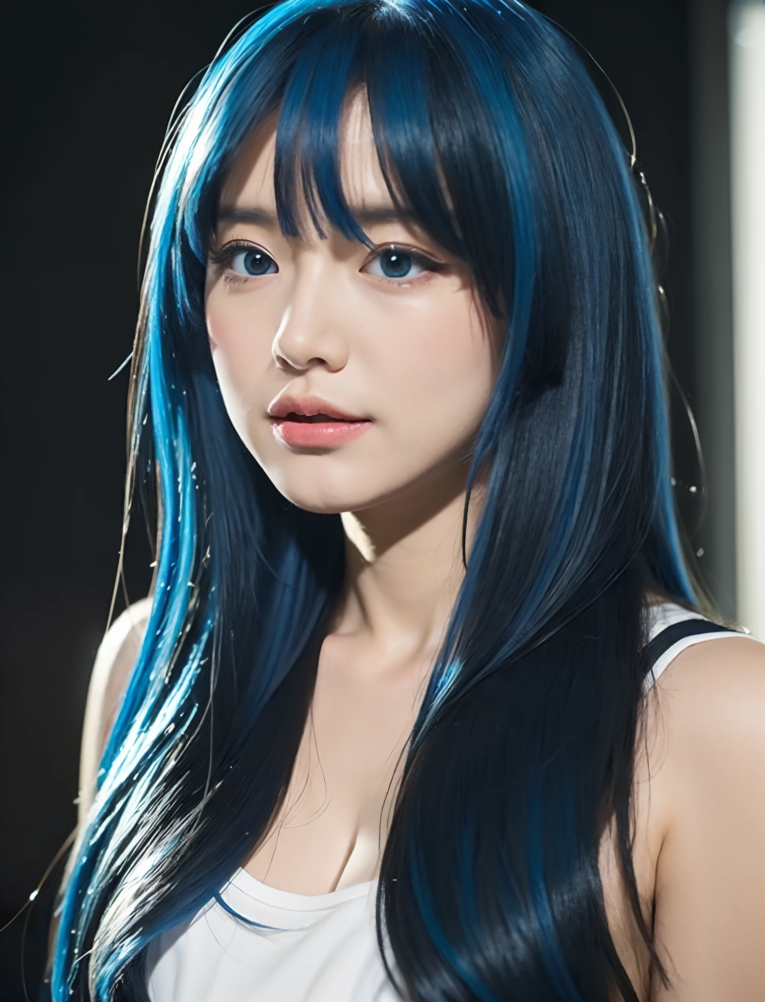 Random posture、mix4、(8K、RAW Photos、top-quality、masterpiece:1.2)、holding the mic、Inner mesh, with blue hair, , Japan band gal style, beautiful blue haired girl, flowing blue hair, rich blue colors, Sing hard、(Background Live House)One girl、profetional lighting、(masterpiece)、(Elaborate CG)top quality photo, hight resolution, 1080p, (Clear face), (Detailed face description), (Detailed hand description)、(masterpiece)、(Elaborate CG)、extreme light and shadows、dishevled hair、The work of the master、abundant detail、(Fine facial features)、(top quality photo)、(masterpiece)、(A detailed eye)、Look in front of you、Singing fiercely in the eyes