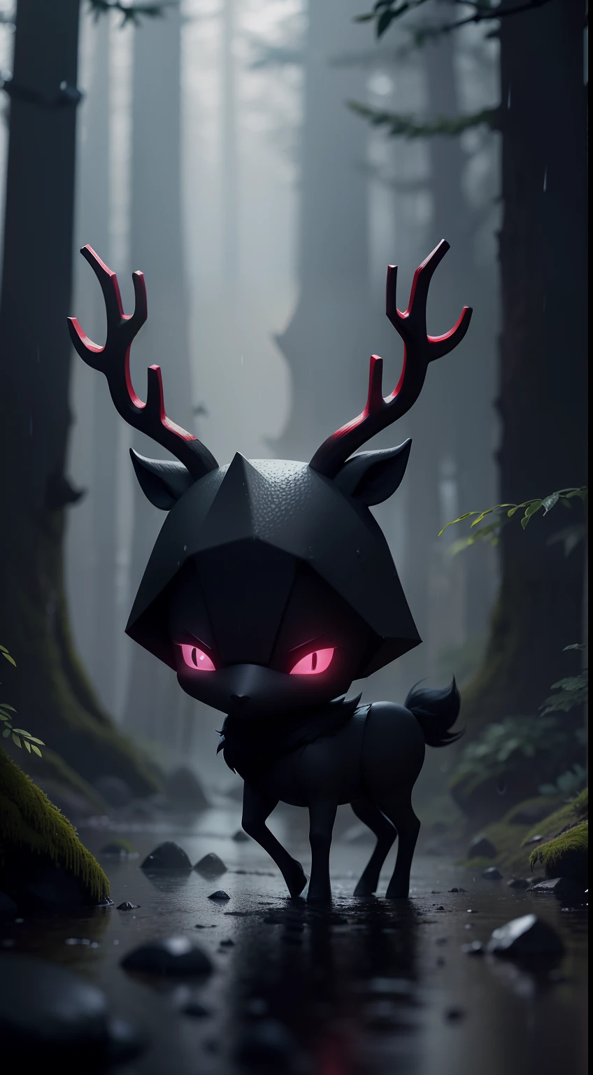 Create a vibrant dark fantasy cute ninja Deer in a clean-lined minimalistic cartoon style, in the background a beautiful forest, rain, octane render, 8k