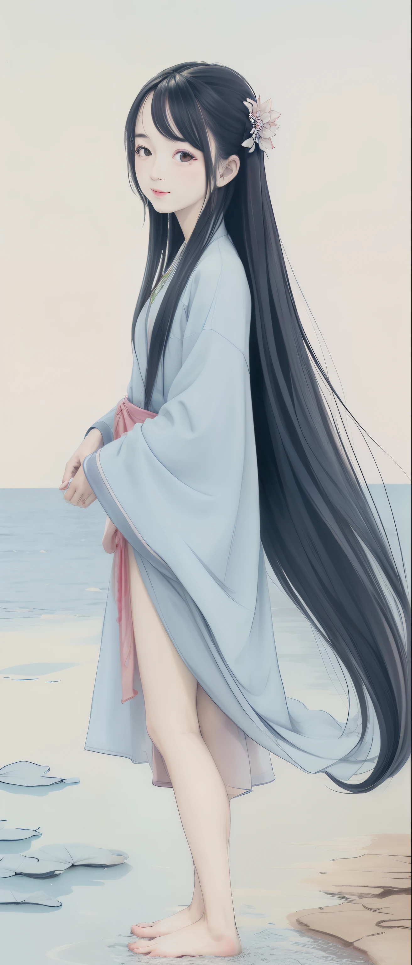 ((4k,masterpiece,best quality)), shuimobysim, traditional chinese ink painting, lotus,  hanfu, maxiskit, dress conservatively
1girl, solo, long blue hair, smile, standing, feet in the water, barefoot,