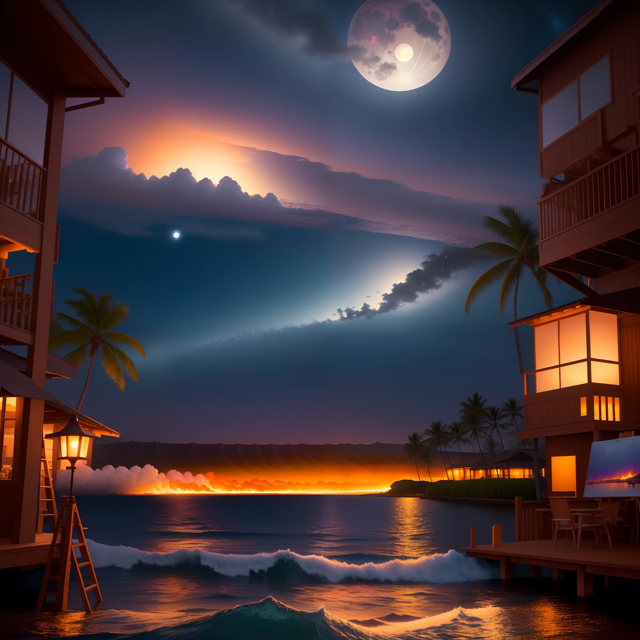Hawaii Lahaina burning, painting view from the water, at night, full moon, beautiful sky stars style by christian lassen, Best quality, realistic, award-winning illustration in color, (complicated detail: 1.2), (fine detail) christian lassen style