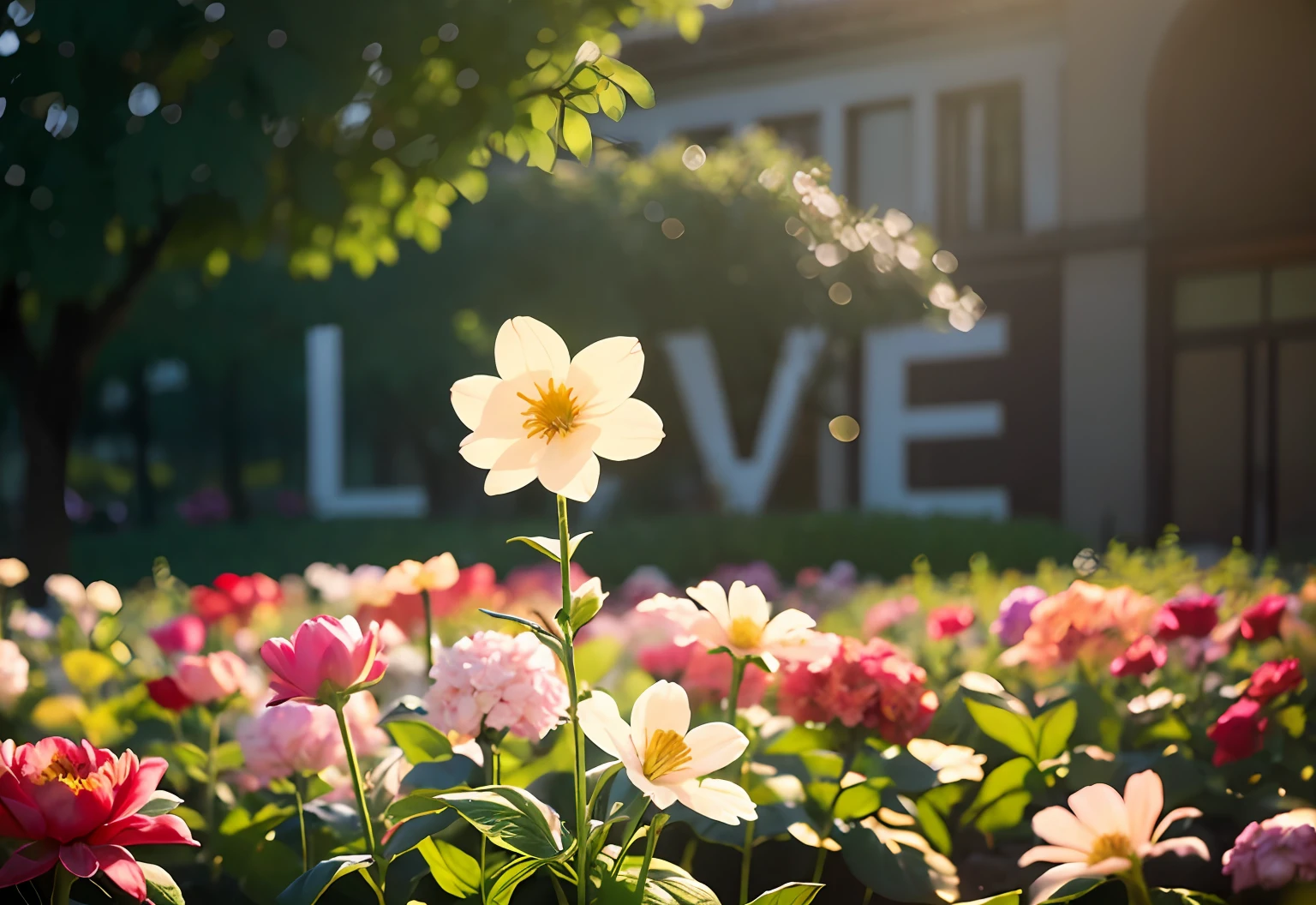 （Flower word effect 1.2），Surrounded by flowers，romantic setting，Soft light，A masterpiece，rhythm。depth of fields，facula，softlighting，