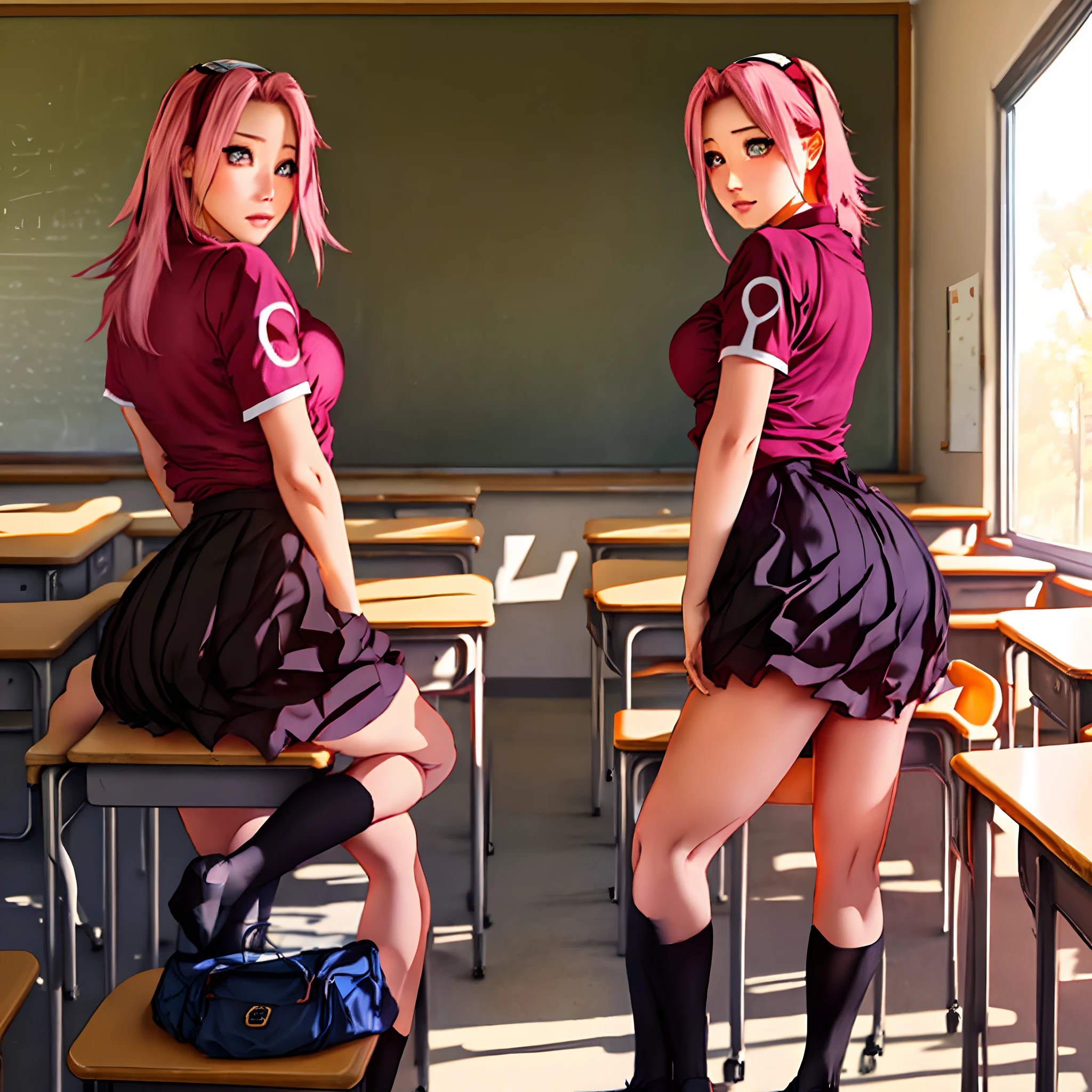 Schoolgirl outfit, Sakura Haruno, Large breasts, Big ass, Pink eyes, classroom environment