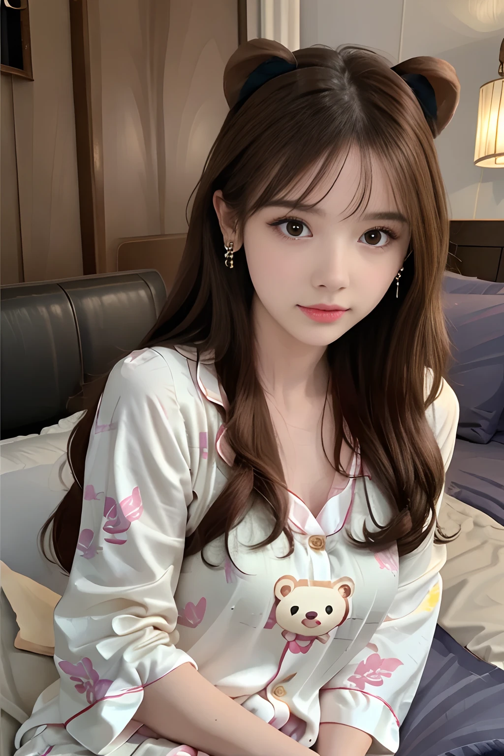 Best quality, masterpiece, super high resolution, (realistic: 1.4), original photo, 1 girl, hairpins, earrings, jewelry, brown hair, looking at the viewer, lips, playful, silk pajamas printed with cute bear pattern, full body photo