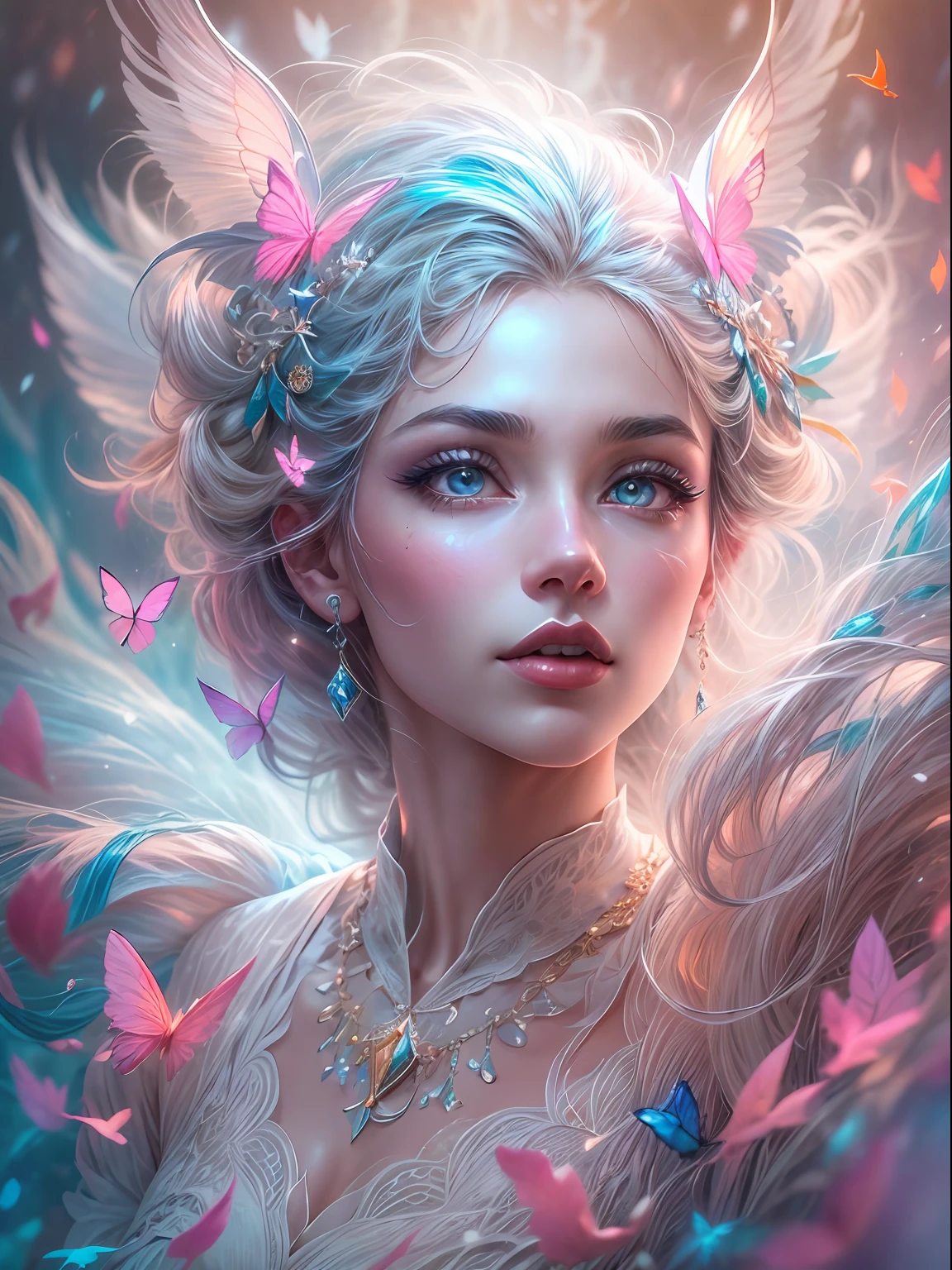 Generate a pretty and realistic fantasy artwork with bold jewel-toned ((((pink and blue)))) hues, pretty glitter and shimmer, and lots of snowflakes. Generate a luminous and petite woman with curly hair, metallic hair, and realistically textured hair. Her skin is pure white and seems to glow in the light. The woman's face is important: include ((soft, puffy, big lips, elegant features, and the most beautiful detailed macro eyes)) in the world. The woman is in a winter landscape with soft falling snow and snowflakes, soft white fur, subtle iridescent details, subtle phantasmal iridescent details, and intricate and delicate jewelry that glimmers in the light. Include many small fantasy details like gossamer silk, feathers, delicate and stunning embroidery, and luminous lighting that glimmers. The woman's face is unobscured by details and her eyes are sharp and in high resolution. Incorporate dreamy colors, dynamic lighting, and detailed background elements to create a sense of awe and immersion. Include colorful flying magical birds and jewel-toned butterflies radiating a magical aura. Consider the latest trends in fantasy art, such as incorporating unique lighting effects, exploring dynamic and compelling composition techniques, and experimenting with unique color palettes. Take inspiration from the top artists on ArtStation and Midjourney. Camera: Choose an angle that highlights the character's beauty and enhances the magical majesty of the artwork. Lighting: Utilize atmospheric lighting techniques to create depth and mood. Resolution: Aim for a high-resolution artwork to showcase intricate details and clarity. Art Inspirations: Seek inspiration from the trending artists on ArtStation, exploring different styles, genres, and themes. white skin, pale skin, really pale skin, really white skin, beautiful eyes, fantasy details, shimmer, glimmer, magical birds, magical butterflies, ornate, (((masterpiece))), add_detail:1, earth \(planet\),