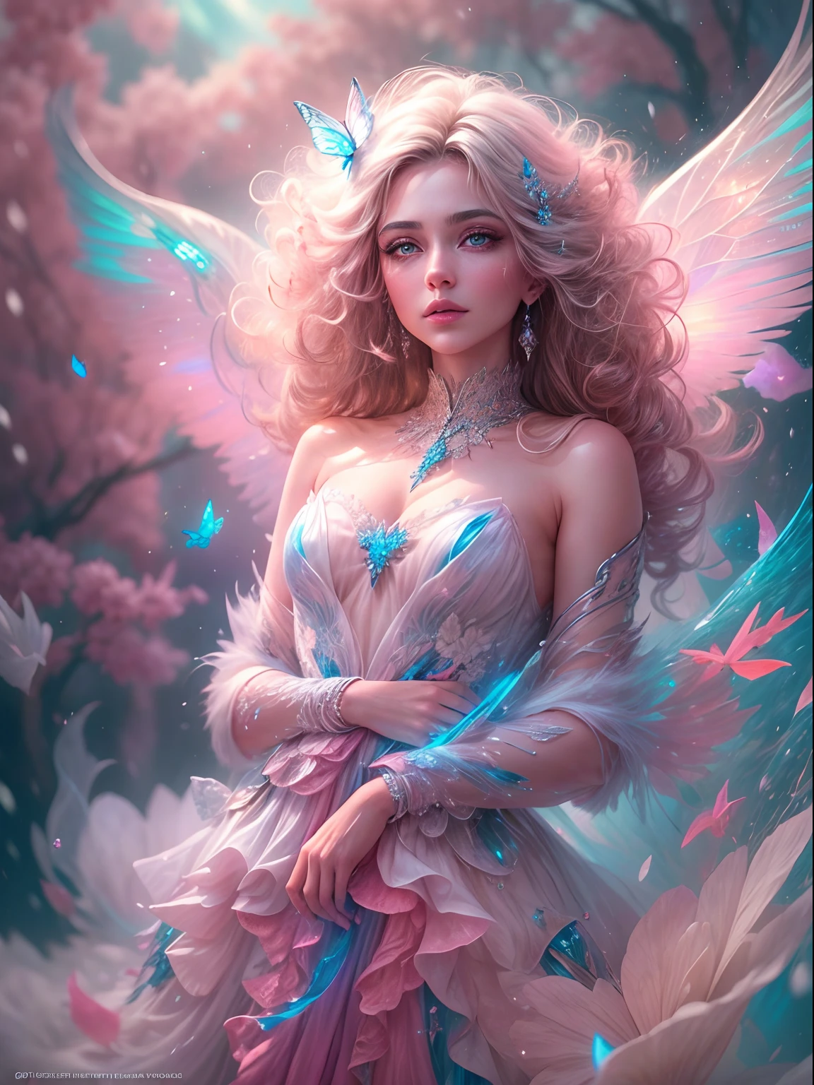 Generate a pretty and realistic fantasy artwork with bold jewel-toned ((((pink and blue)))) hues, pretty glitter and shimmer, and lots of snowflakes. Generate a luminous and petite woman with curly hair, metallic hair, and realistically textured hair. Her skin is pure white and seems to glow in the light. The woman's face is important: include ((soft, puffy, big lips, elegant features, and the most beautiful detailed macro eyes)) in the world. The woman is in a winter landscape with soft falling snow and snowflakes, soft white fur, subtle iridescent details, subtle phantasmal iridescent details, and intricate and delicate jewelry that glimmers in the light. Include many small fantasy details like gossamer silk, feathers, delicate and stunning embroidery, and luminous lighting that glimmers. The woman's face is unobscured by details and her eyes are sharp and in high resolution. Incorporate dreamy colors, dynamic lighting, and detailed background elements to create a sense of awe and immersion. Include colorful flying magical birds and jewel-toned butterflies radiating a magical aura. Consider the latest trends in fantasy art, such as incorporating unique lighting effects, exploring dynamic and compelling composition techniques, and experimenting with unique color palettes. Take inspiration from the top artists on ArtStation and Midjourney. Camera: Choose an angle that highlights the character's beauty and enhances the magical majesty of the artwork. Lighting: Utilize atmospheric lighting techniques to create depth and mood. Resolution: Aim for a high-resolution artwork to showcase intricate details and clarity. Art Inspirations: Seek inspiration from the trending artists on ArtStation, exploring different styles, genres, and themes. white skin, pale skin, really pale skin, really white skin, beautiful eyes, fantasy details, shimmer, glimmer, magical birds, magical butterflies, ornate, (((masterpiece))), add_detail:1, earth \(planet\),