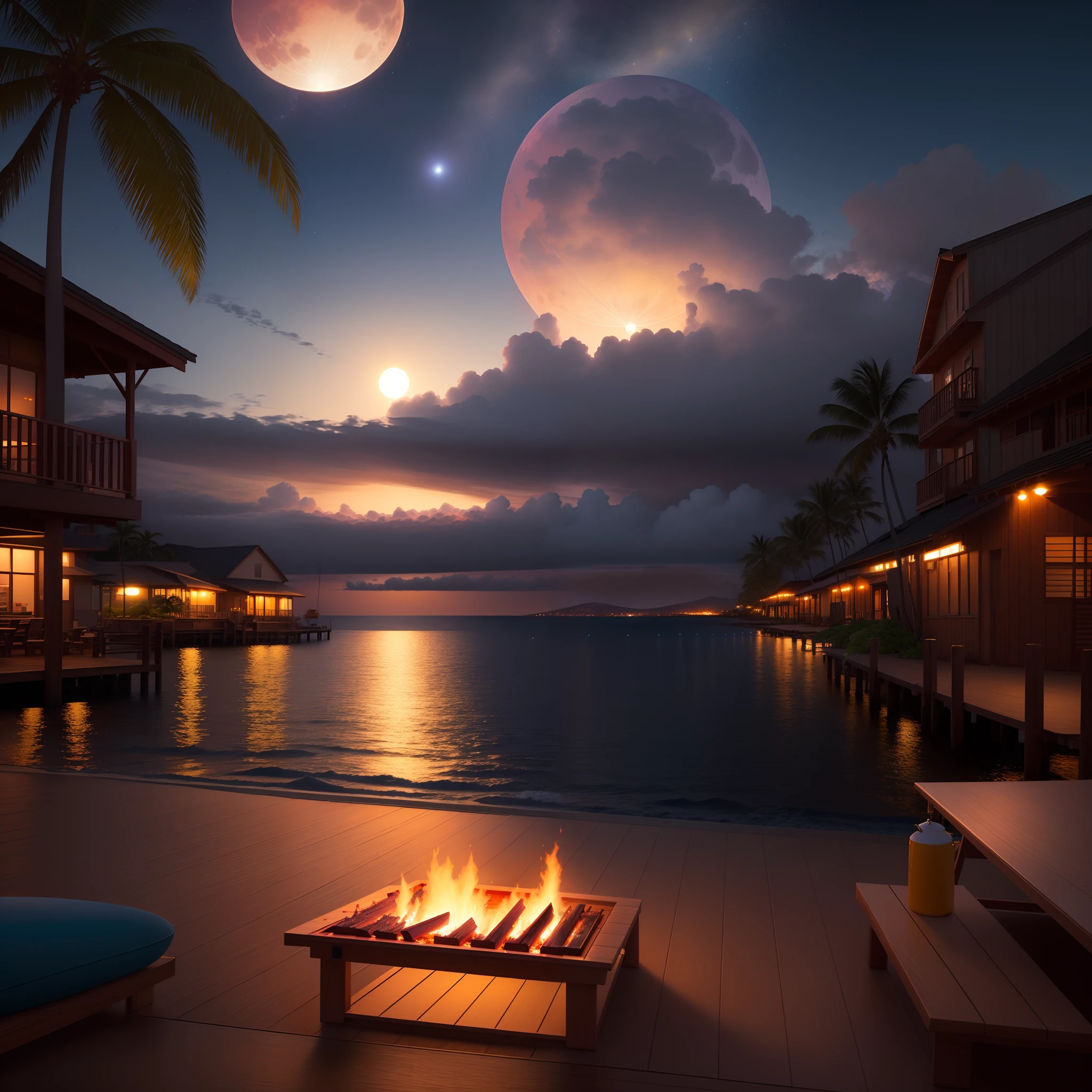 Hawaii Lahaina burning, painting view from the water, at night, full moon, beautiful sky stars style by christian lassen, Best quality, realistic, award-winning illustration in color, (complicated detail: 1.2), (fine detail) christian lassen style
